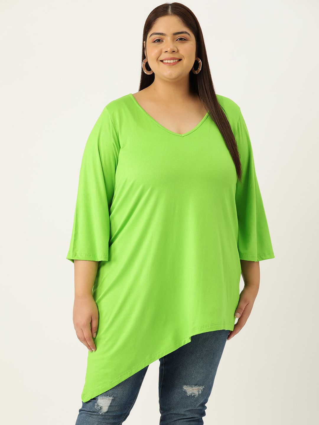 

theRebelinme Women Plus Size V-Neck Longline Top, Green