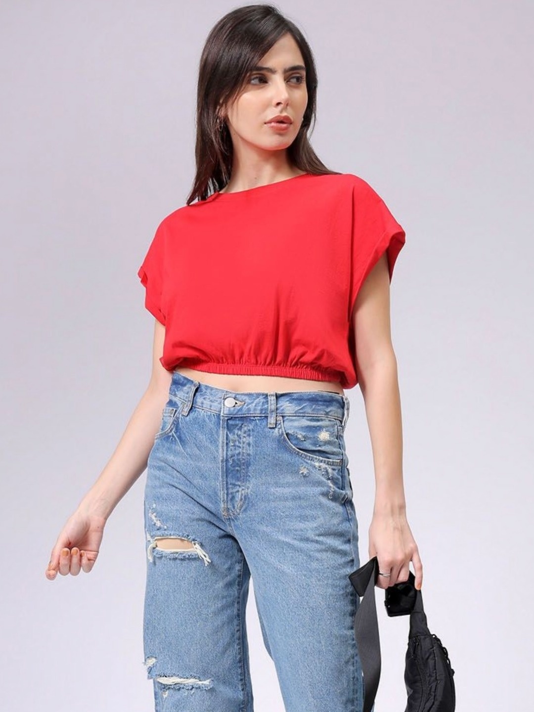 

Freehand by The Indian Garage Co Women Solid Round Neck Crop Pure Cotton Top, Red