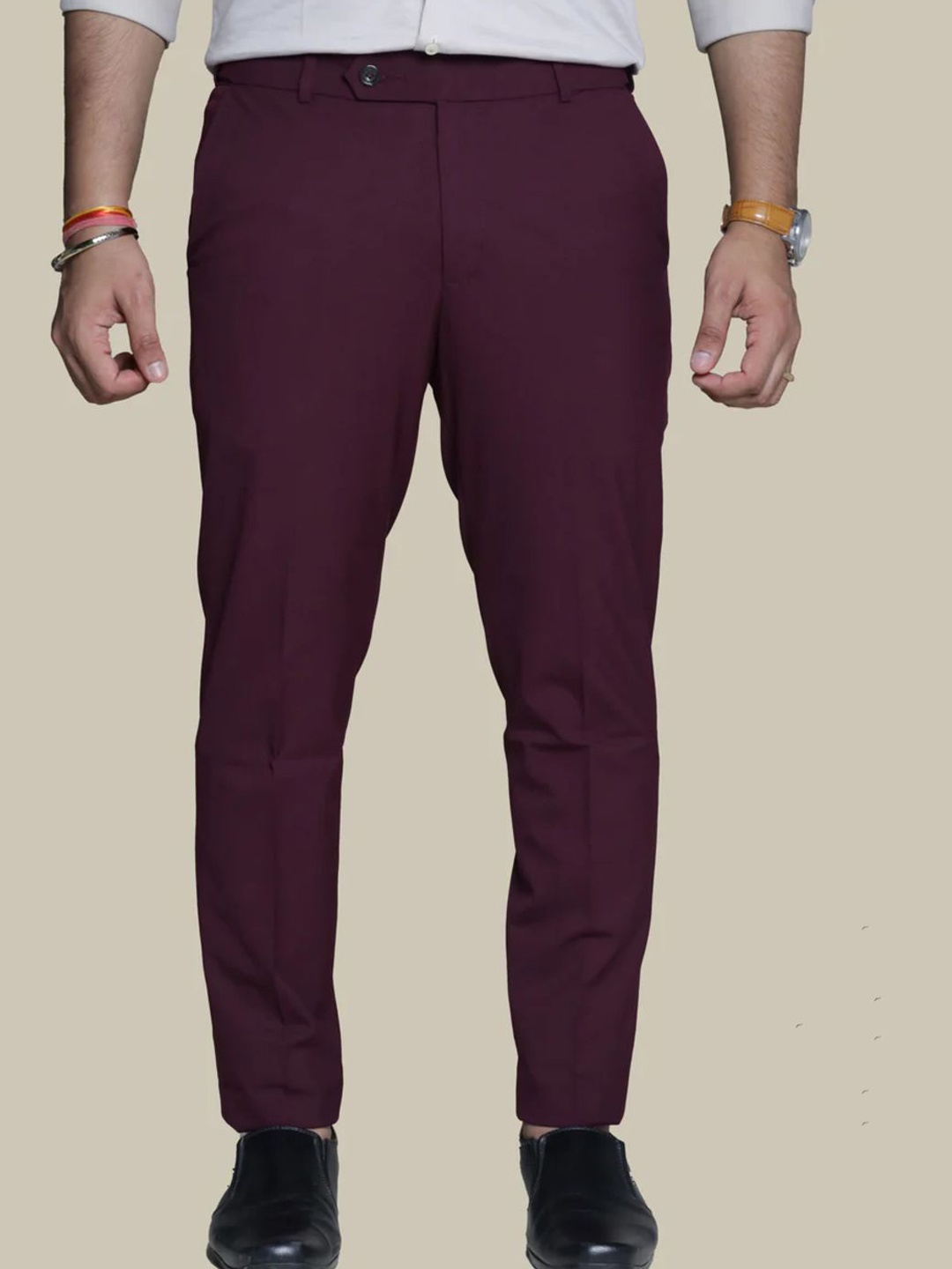 

Muffynn Men Relaxed Straight Fit Mid-Rise Formal Trousers, Burgundy