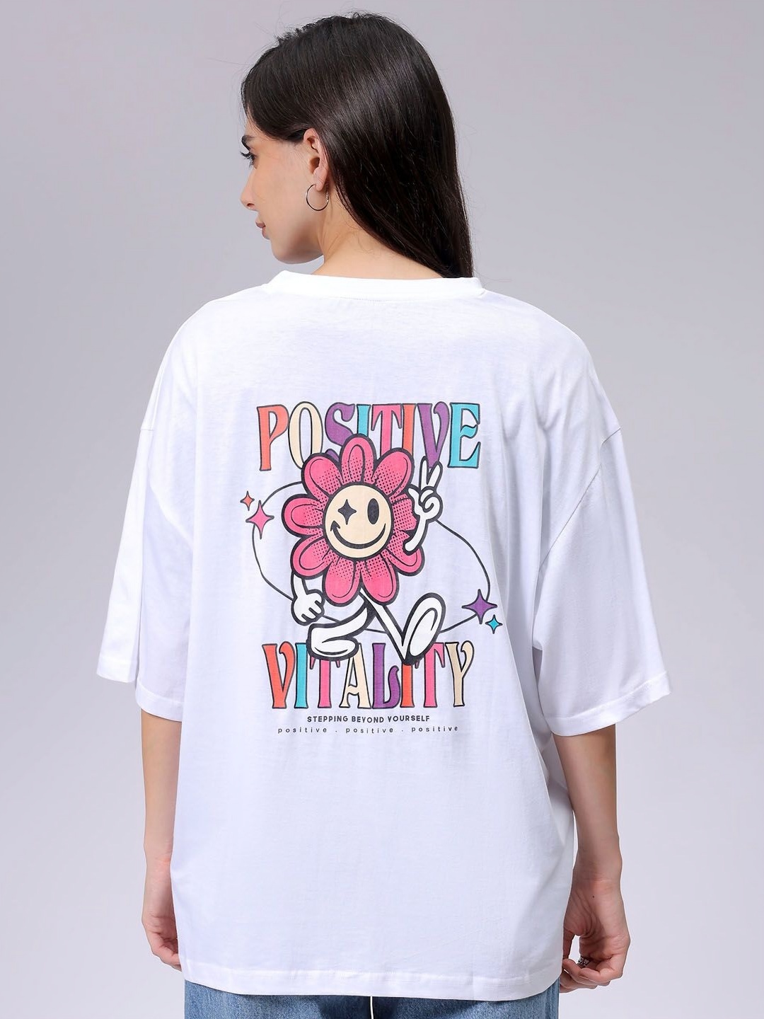 

Freehand by The Indian Garage Co Women Graphic Printed Round Neck Cotton Oversized T-shirt, White