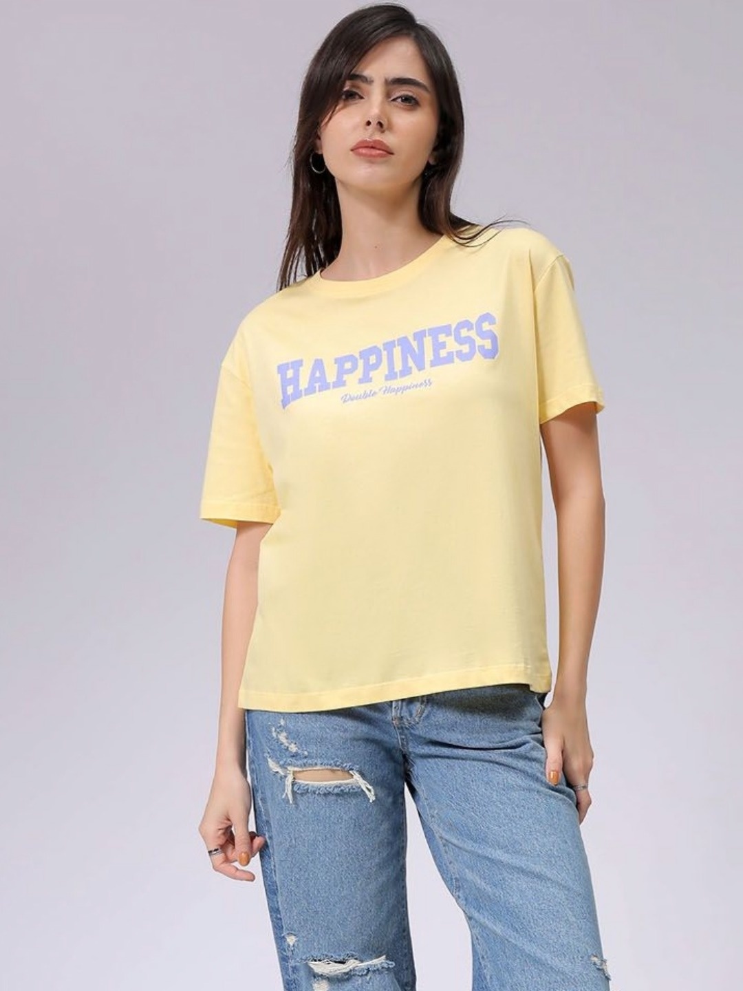 

Freehand by The Indian Garage Co Women Typography Printed Cotton Relaxed Fit T-shirt, Yellow