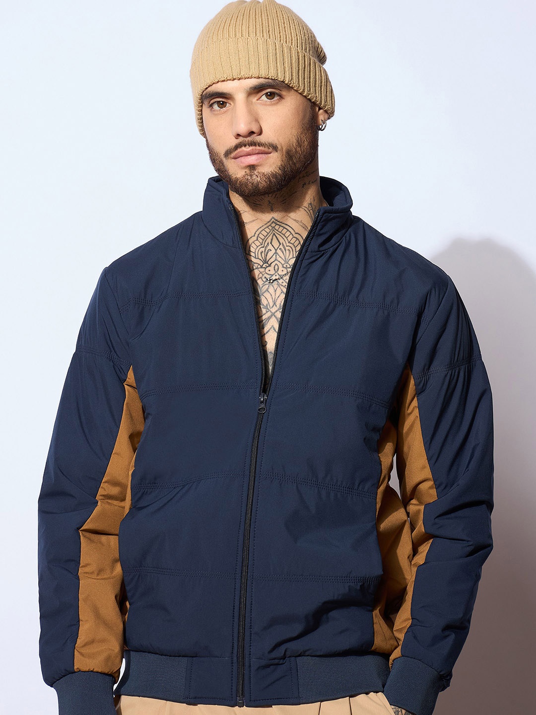 

MASCLN SASSAFRAS Men Mock Collar Colourblocked Casual Padded Jacket, Navy blue