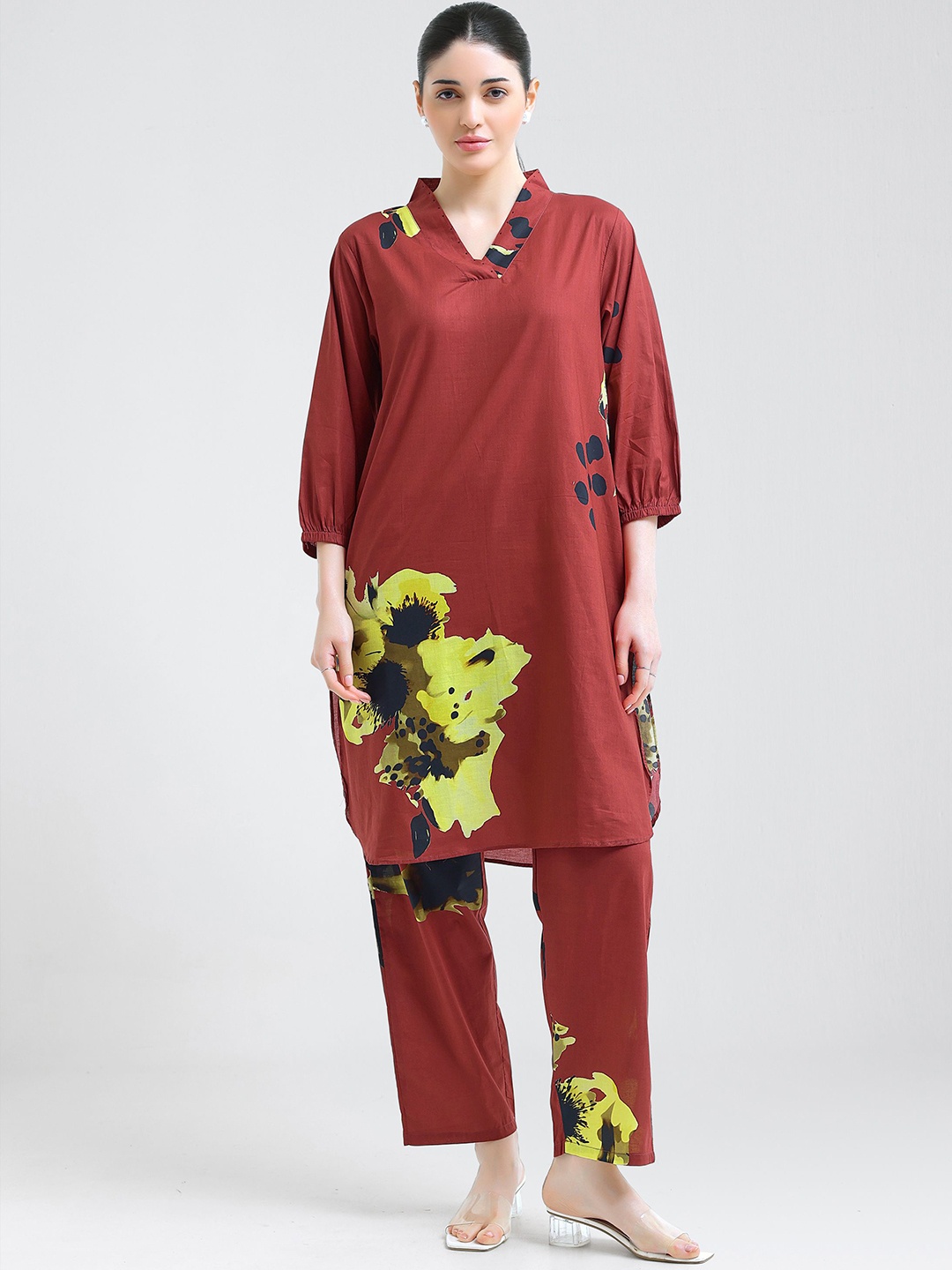 

I like me Women Pure Cotton Floral Printed Tunic And Trousers, Maroon