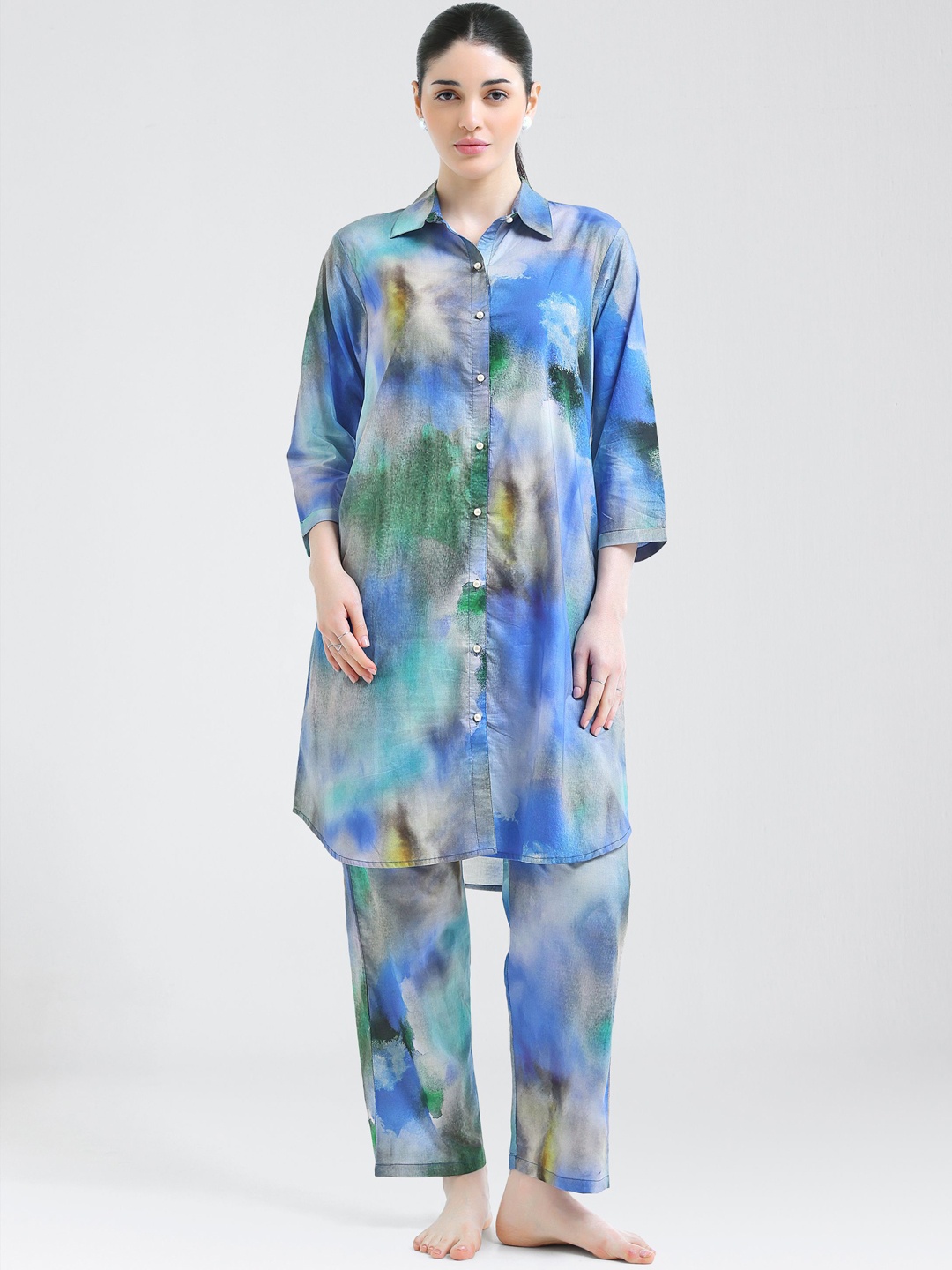 

I like me Women Printed Pure Cotton Night suit, Blue
