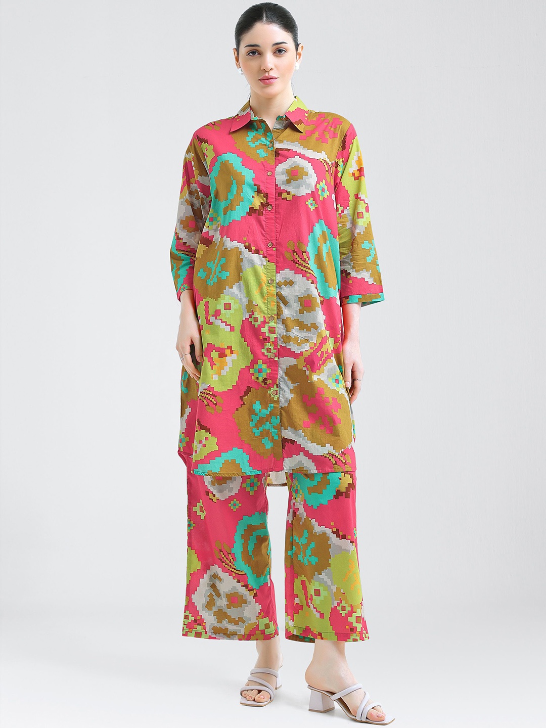 

I like me Pink Printed Shirt Collar Three-Quarter Sleeves Pure Cotton Top And Pyjama