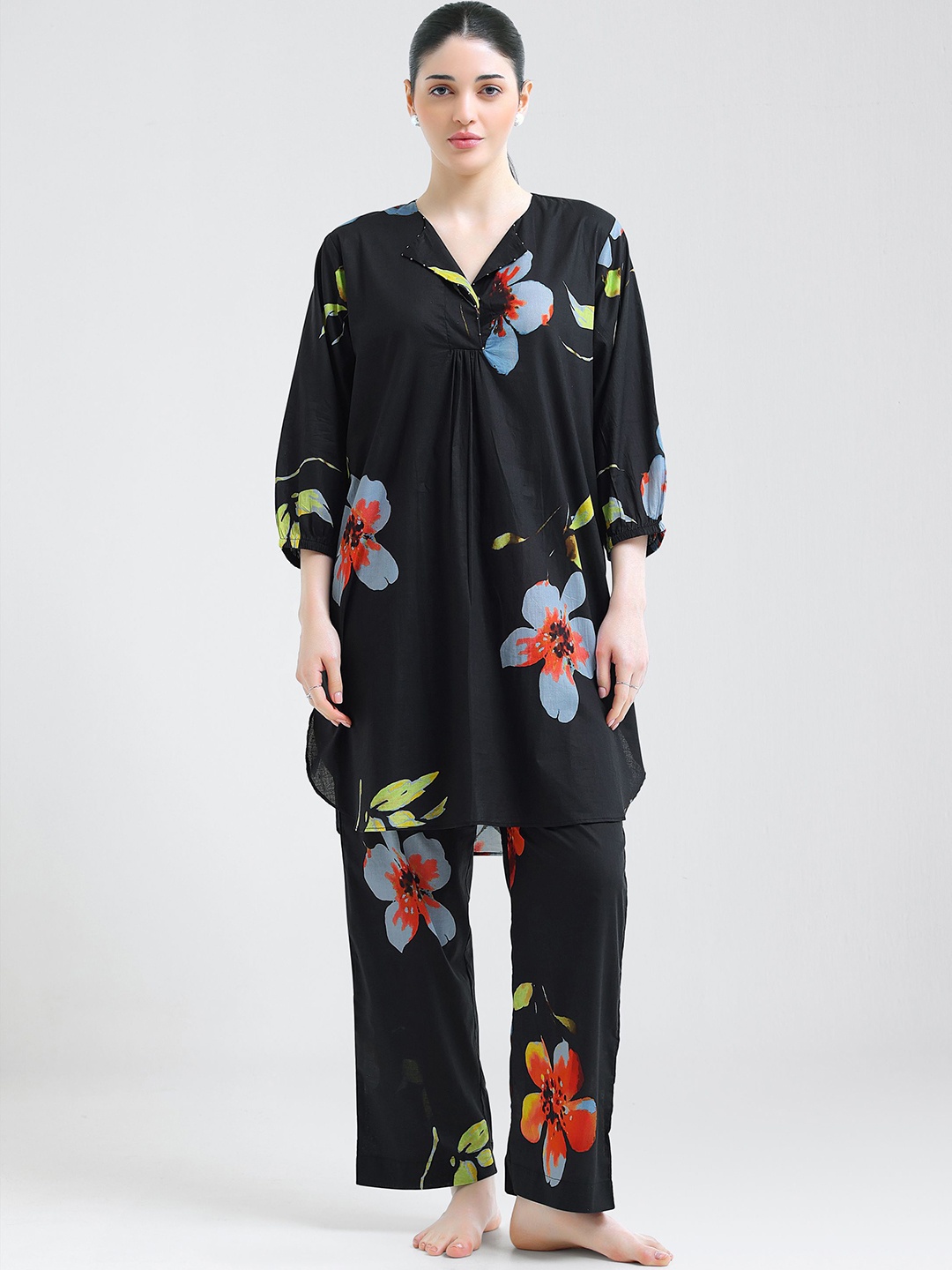 

I like me Black Printed Pure Cotton Tunic And Trousers