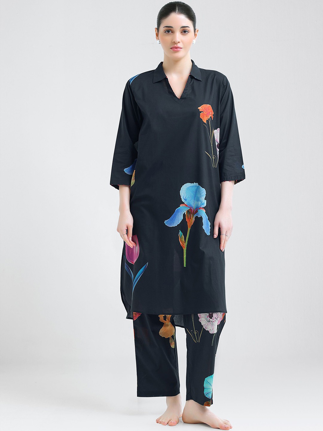 

I like me Women Pure Cotton Floral Printed Tunic And Trousers, Black