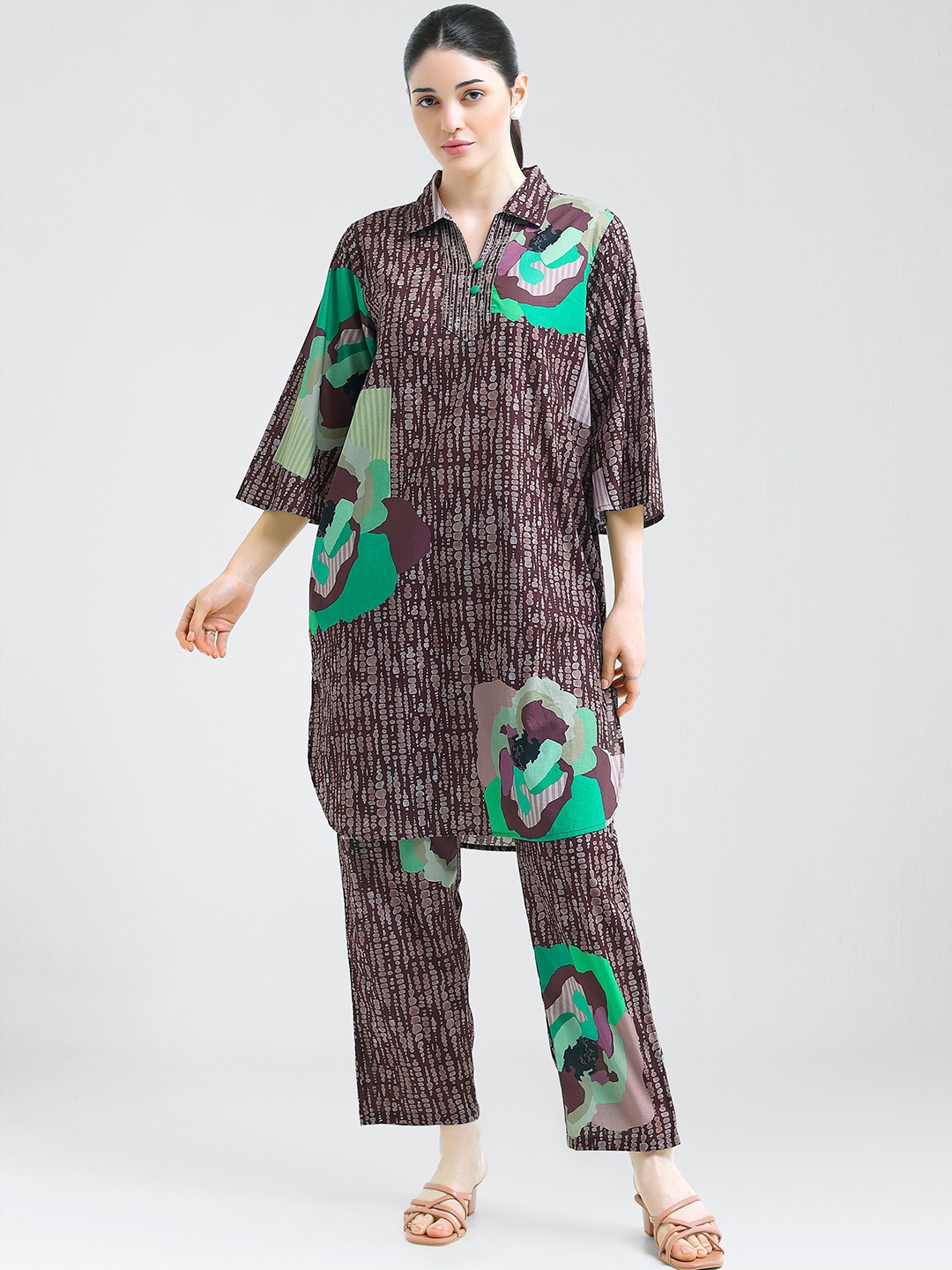 

I like me Purple and Green Shirt Collar Printed Tunic And Trousers