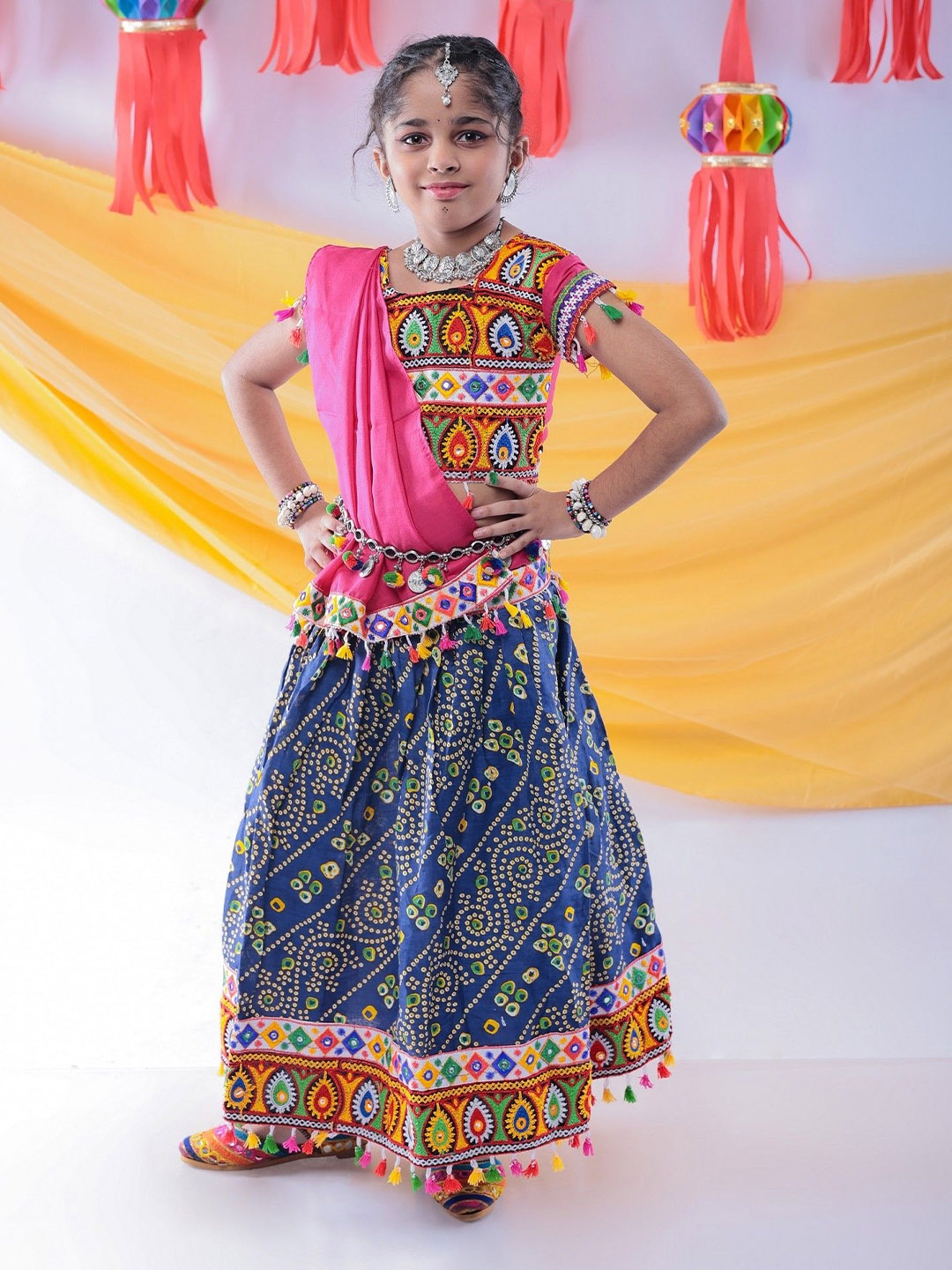 

BANJARA INDIA Girls Embroidered Ready to Wear Cotton Lehenga & Blouse With Dupatta, Blue