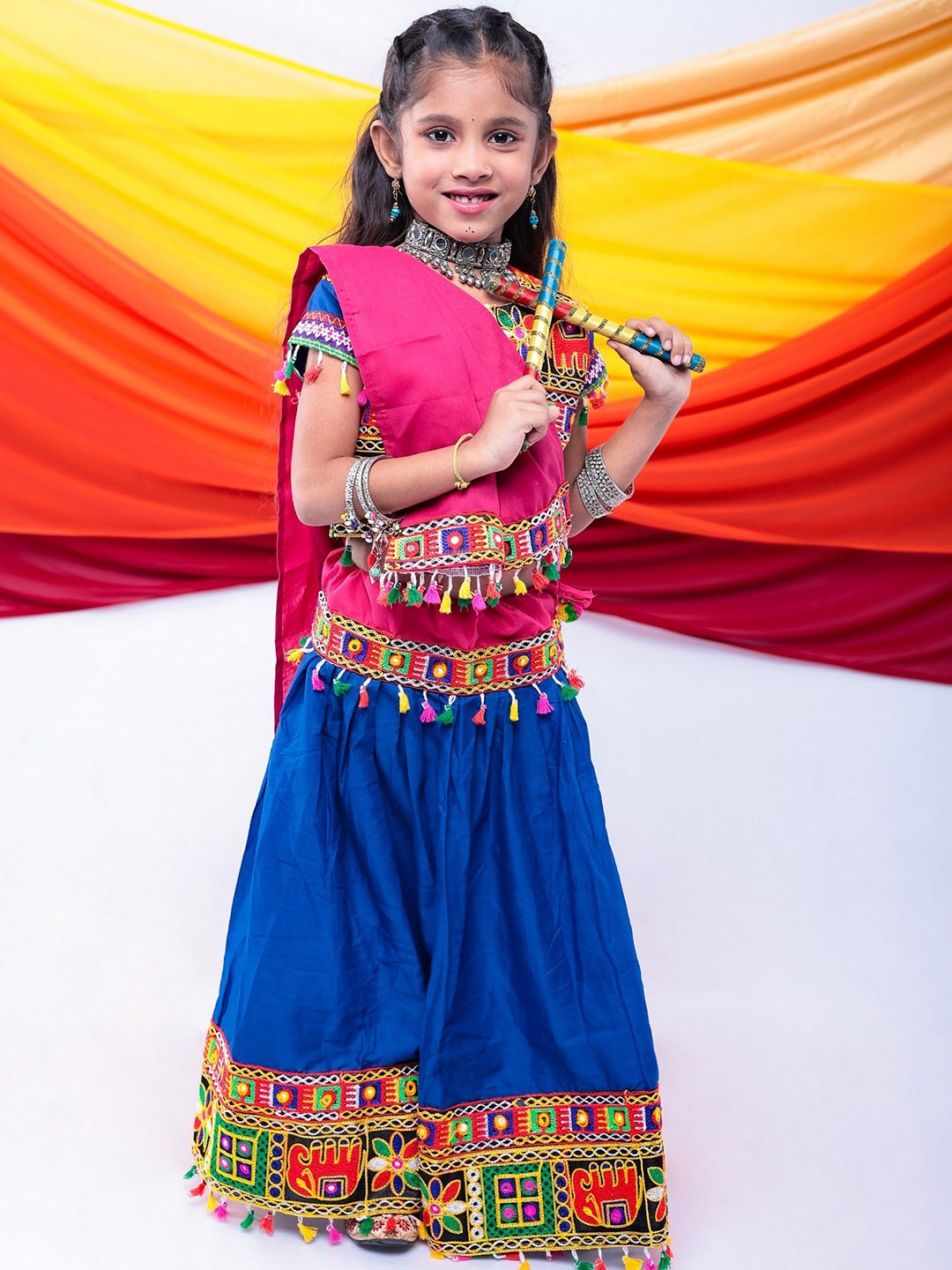 

BANJARA INDIA Girls Embroidered Ready to Wear Cotton Lehenga & Blouse With Dupatta, Blue