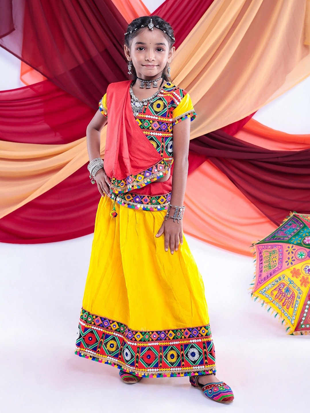 

BANJARA INDIA Girls Embroidered Ready to Wear Cotton Lehenga With Blouse & Dupatta, Yellow