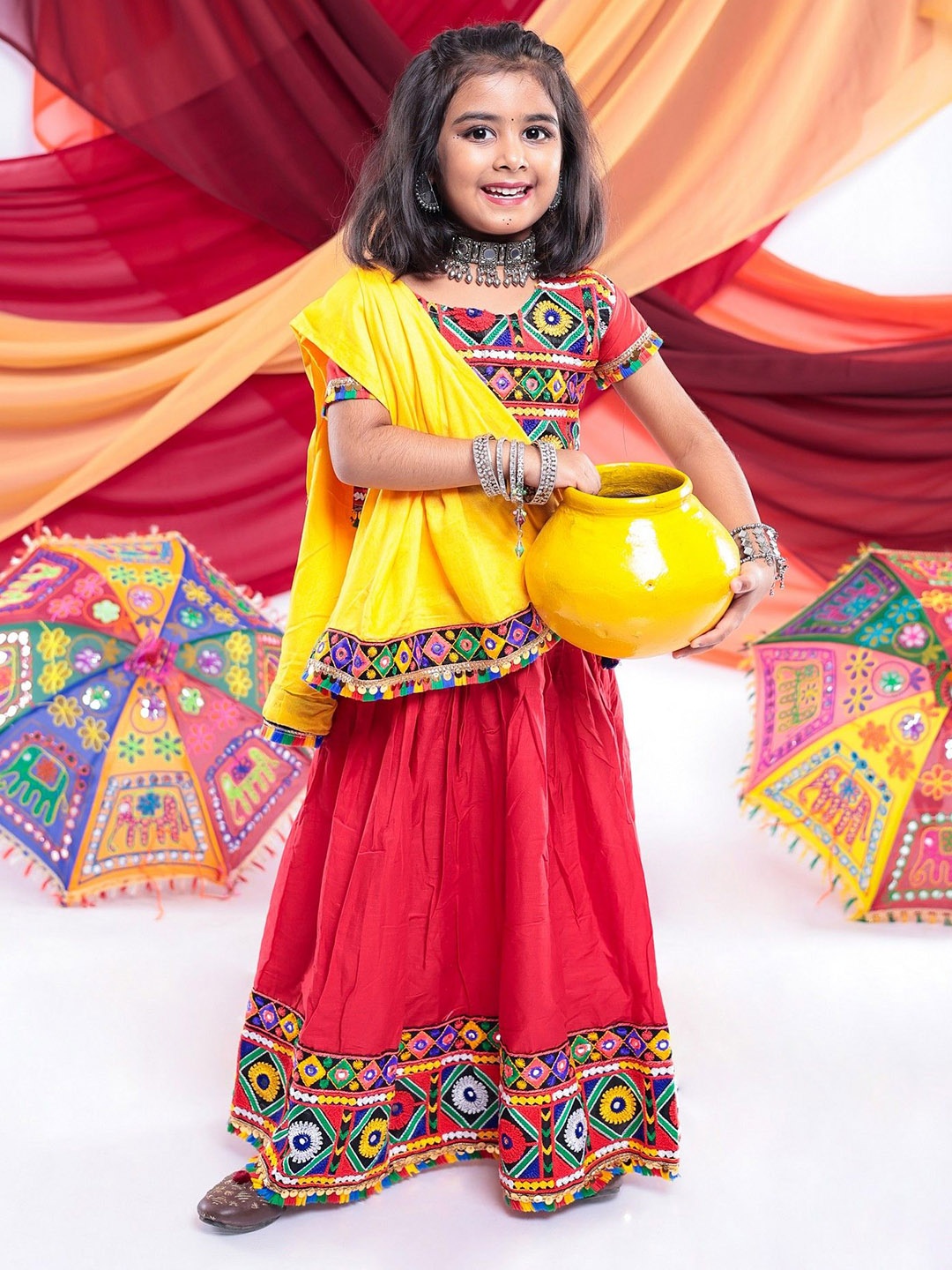 

BANJARA INDIA Girls Embroidered Ready to Wear Cotton Lehenga & Blouse With Dupatta, Red