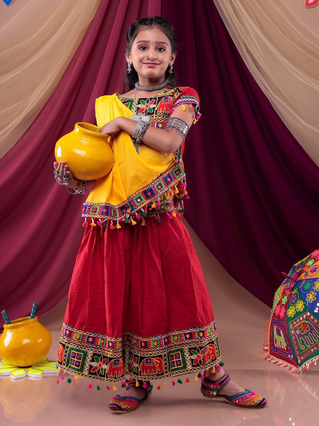

BANJARA INDIA Girls Embroidered Ready to Wear Cotton Lehenga & Blouse With Dupatta, Red