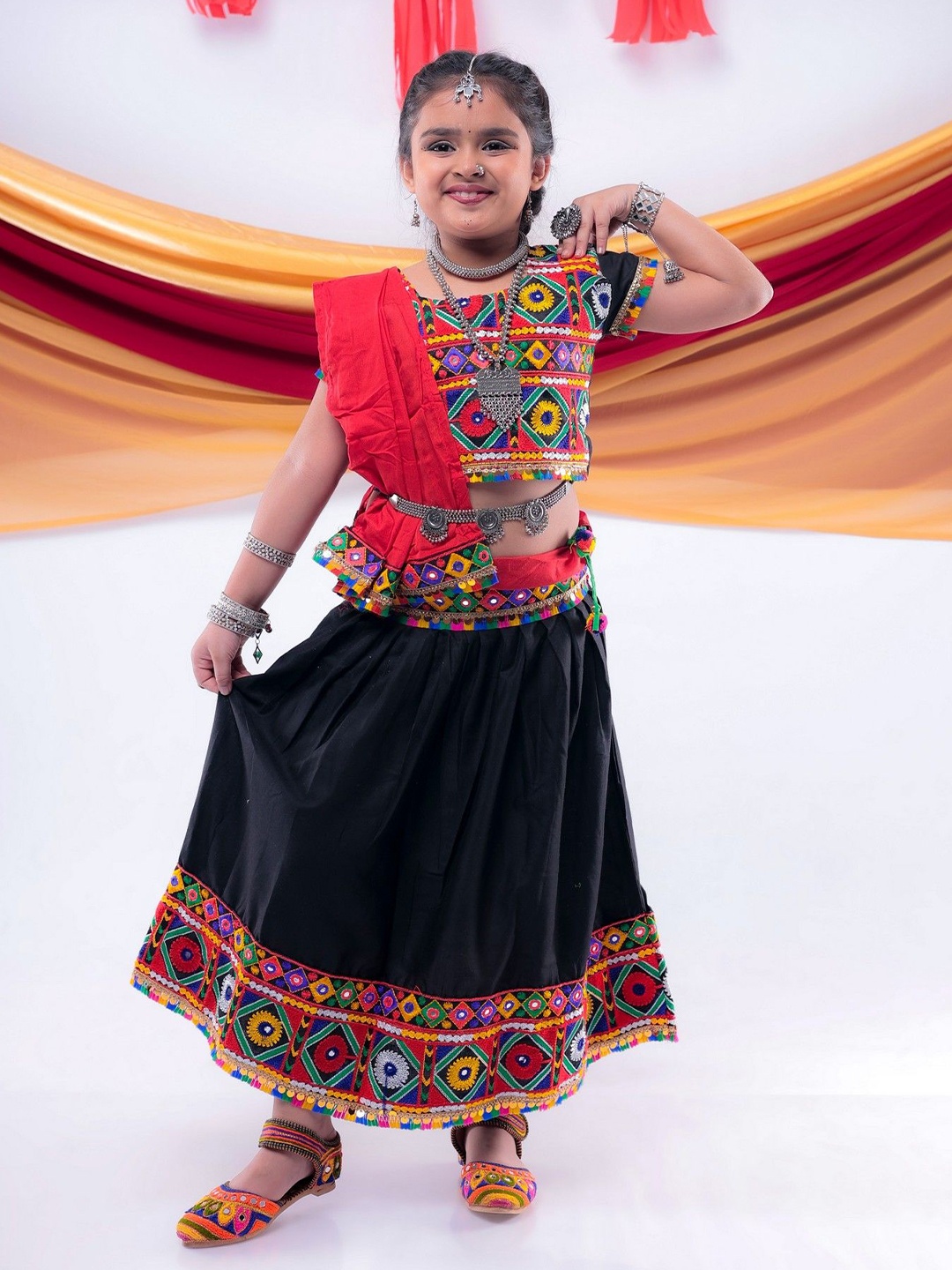 

BANJARA INDIA Girls Embroidered Ready to Wear Cotton Lehenga & Blouse With Dupatta, Black