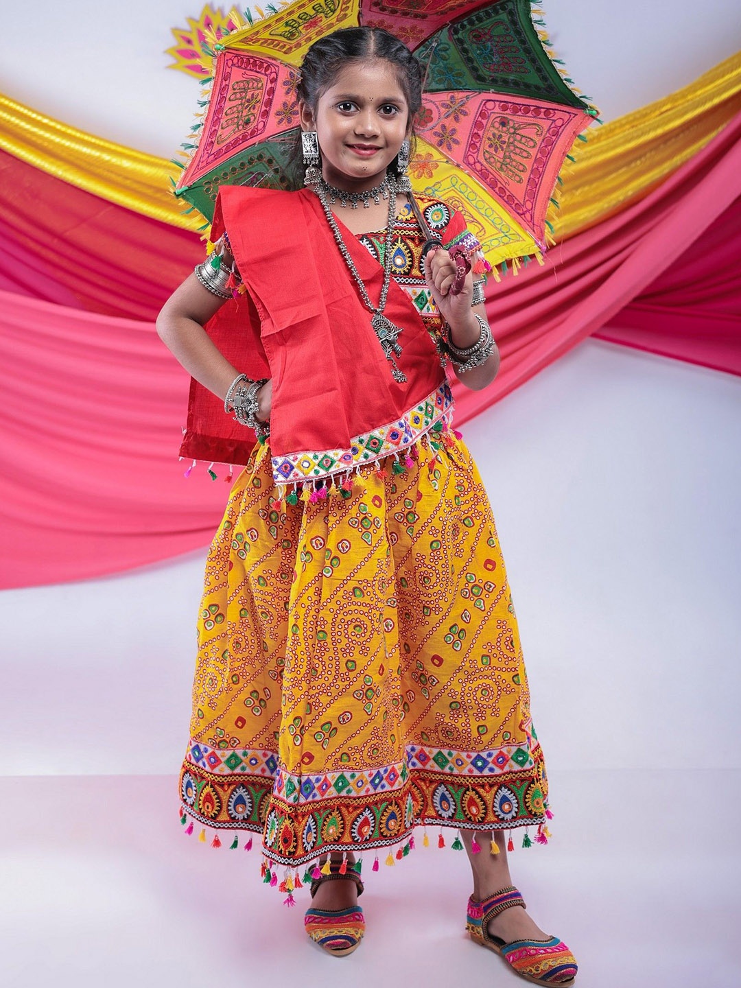 

BANJARA INDIA Girls Embroidered Ready to Wear Cotton Lehenga With Blouse & Dupatta, Yellow