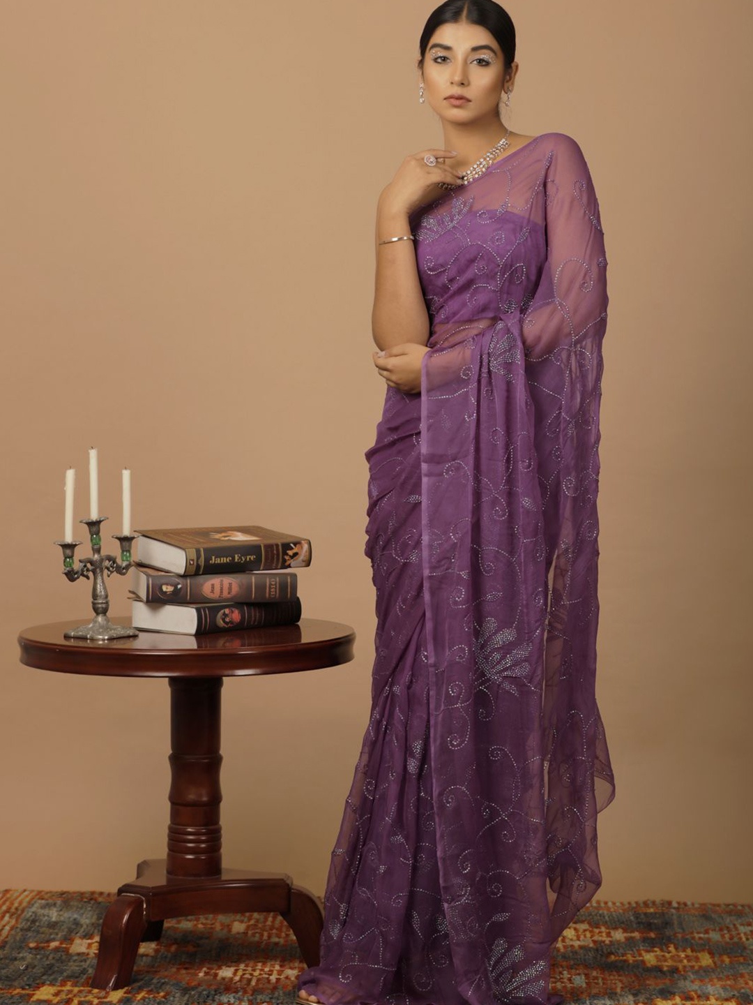 

Geroo Luxe Floral Sequinned Pure Chiffon Saree, Purple