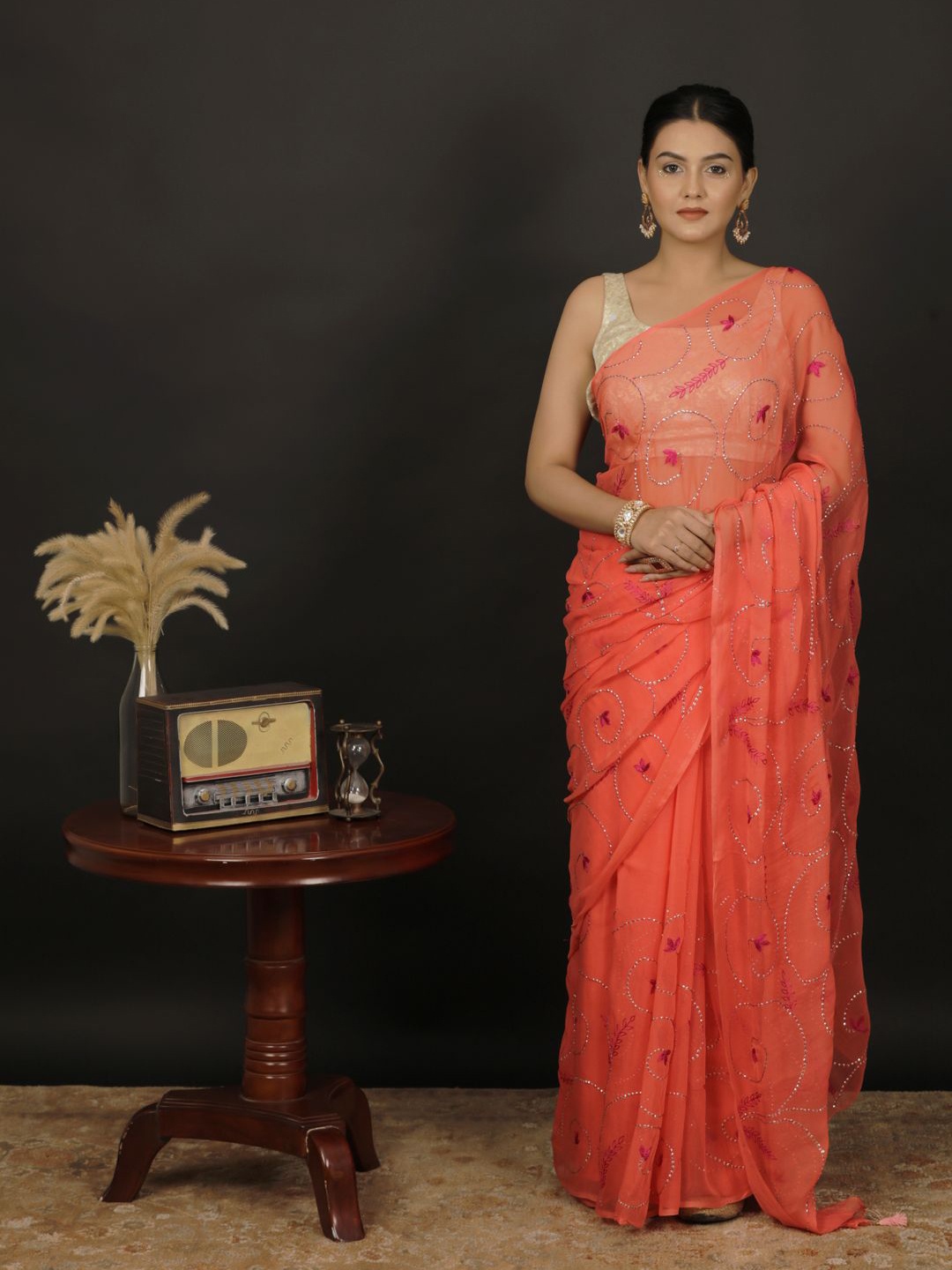 

Geroo Luxe Embroidered Embellished Sequinned Pure Chiffon Saree, Coral