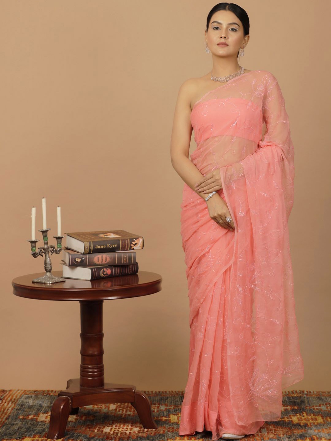 

Geroo Luxe Floral Sequinned Pure Chiffon Saree, Pink
