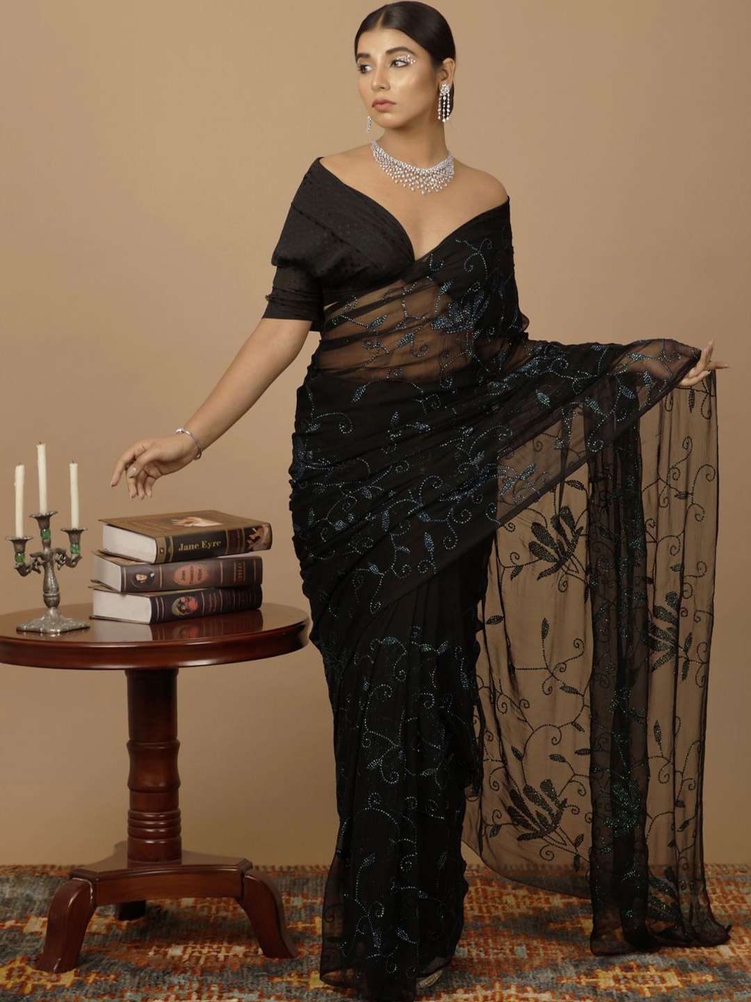 

Geroo Luxe Floral Sequinned Pure Chiffon Saree, Black