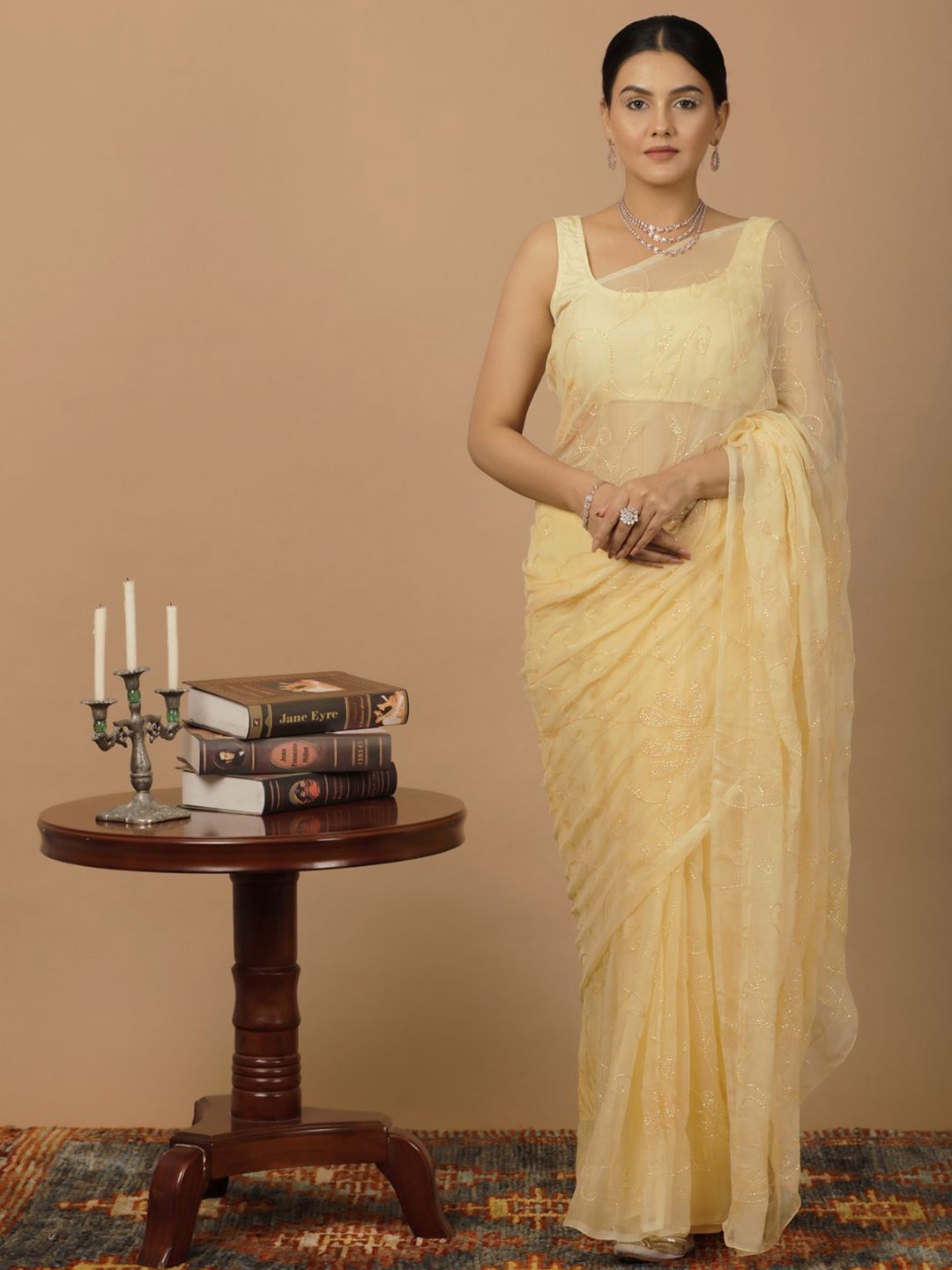 

Geroo Luxe Embellished Sequinned Pure Chiffon Saree, Yellow