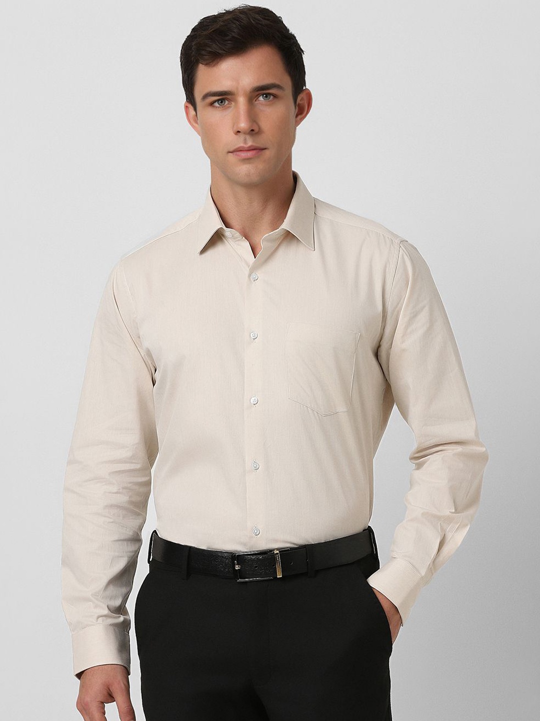 

Van Heusen Men Spread Collar Solid Slim Fit Cotton Formal Shirt, Beige
