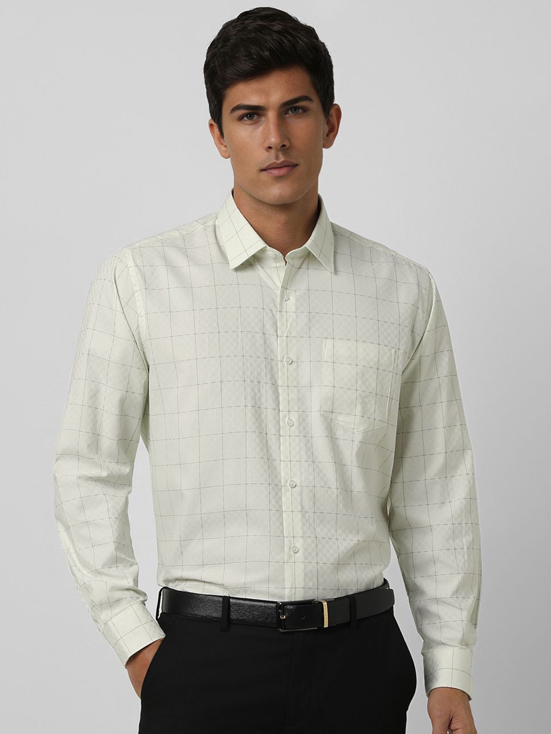 

Van Heusen Men Spread Collar Checked Cotton Formal Shirt, Cream