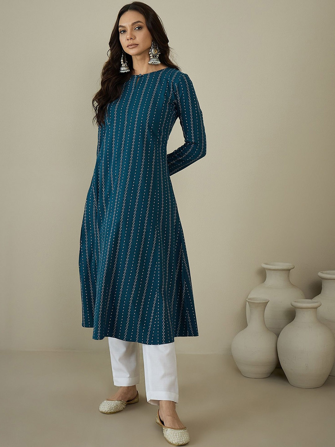 

MASSTANI BY INDDUS Striped Woven Design Keyhole Neck Cotton A-Line Kurta, Teal