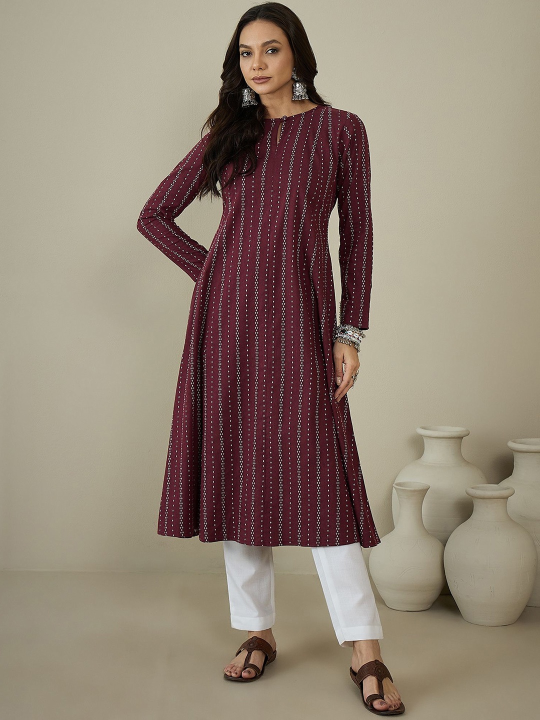 

MASSTANI BY INDDUS Striped Woven Design Keyhole Neck Cotton A-Line Kurta, Maroon