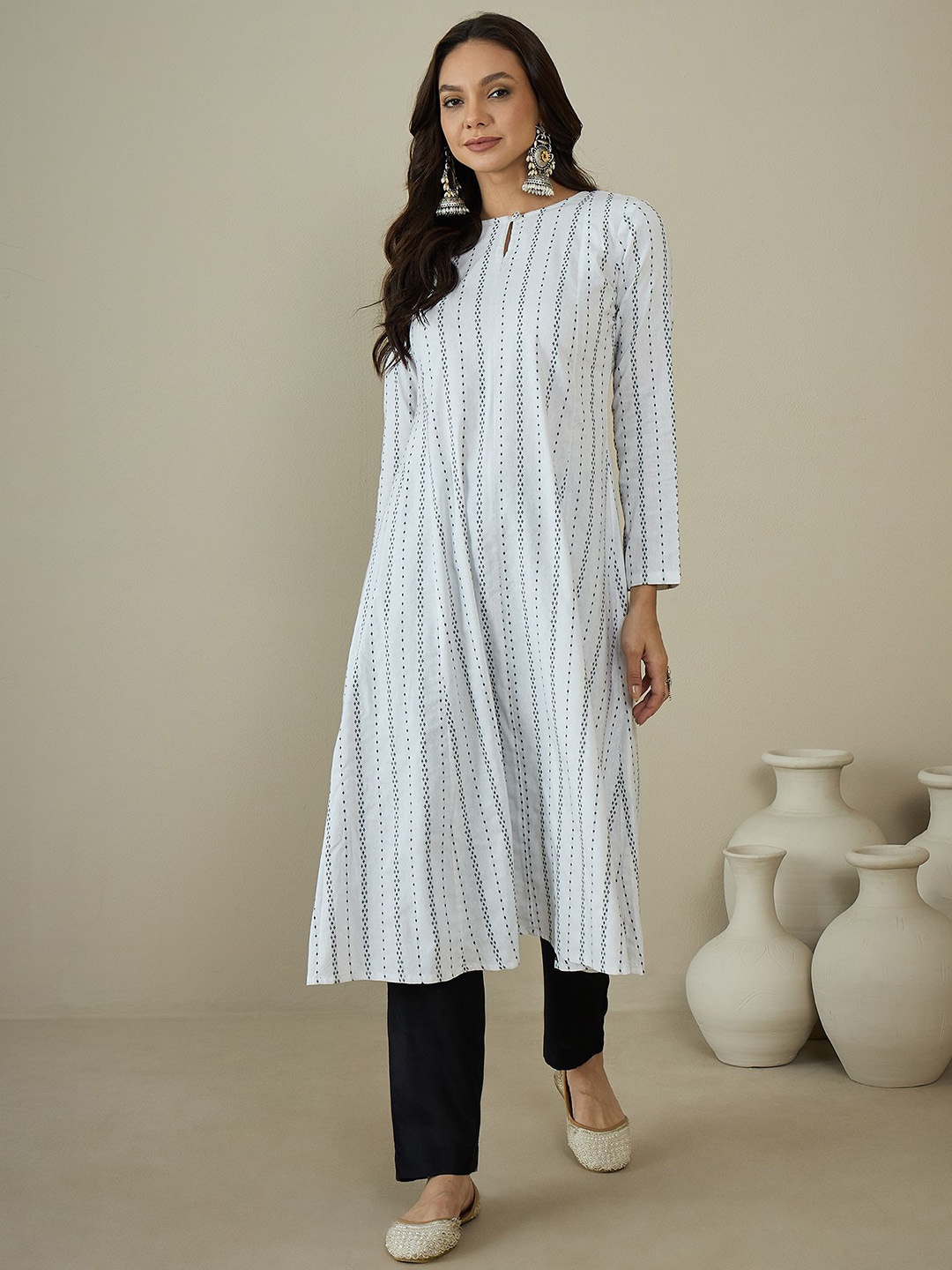 

MASSTANI BY INDDUS Striped Woven Design Keyhole Neck Cotton A-Line Kurta, White