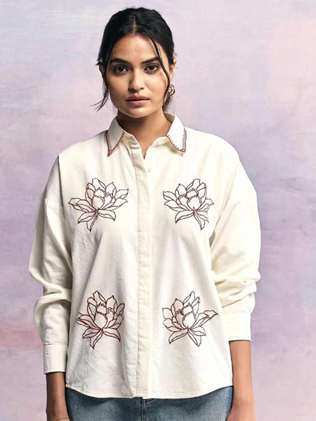 

Prakriti Jaipur Women Spread Collar Floral Printed Cotton Casual Shirt, Off white