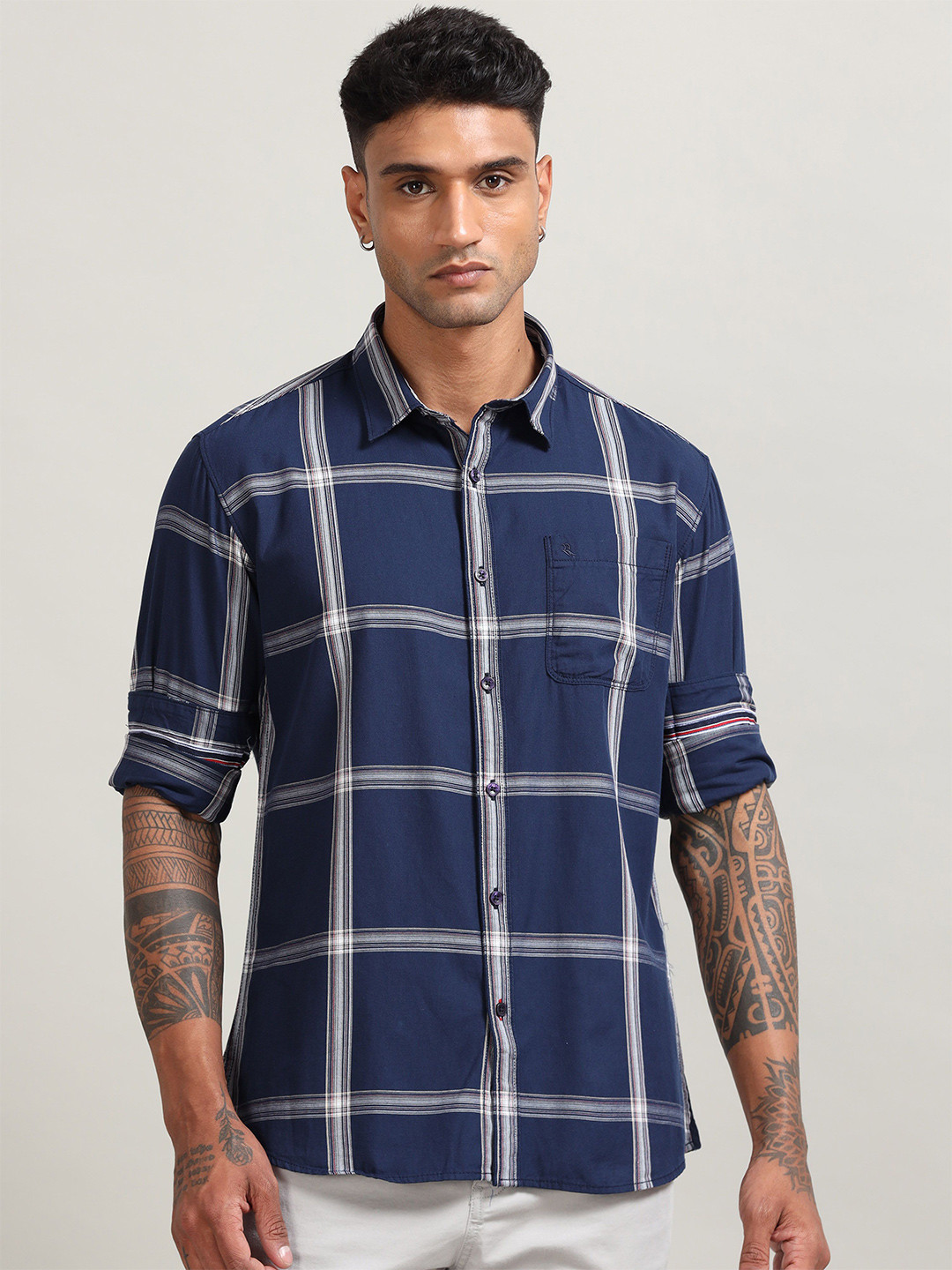 

RIGS AND RAGS Men Classic Spread Collar Windowpane Checked Cotton Casual Shirt, Navy blue