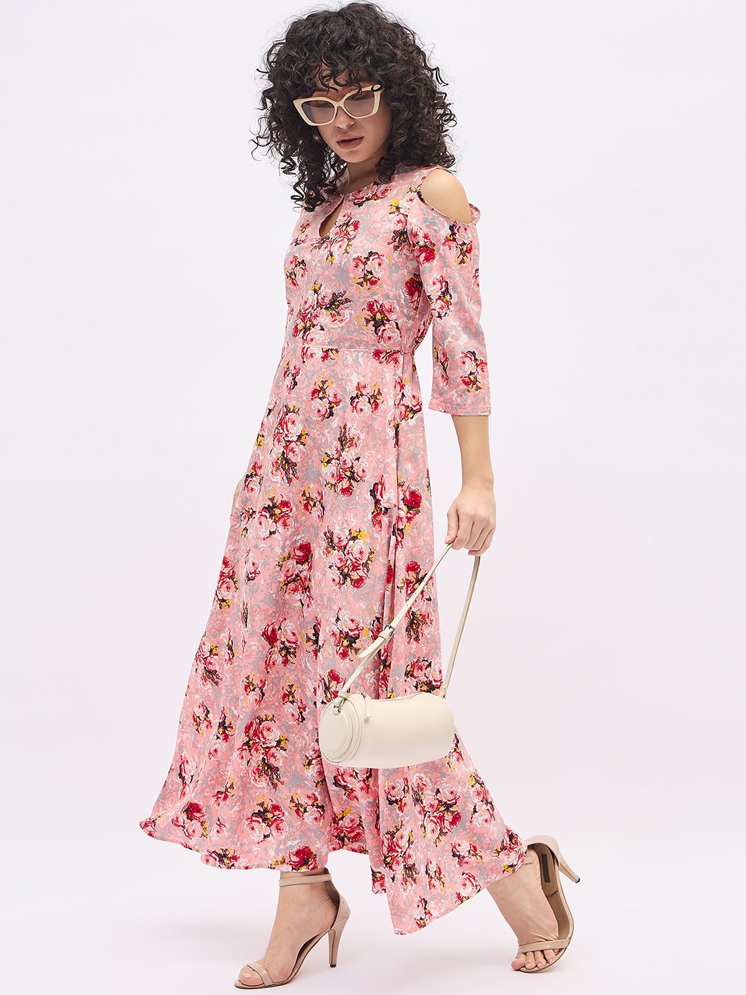 

DressBerry Floral Printed Keyhole Neck Cold-Shoulder Crepe A-Line Maxi Dress, Pink