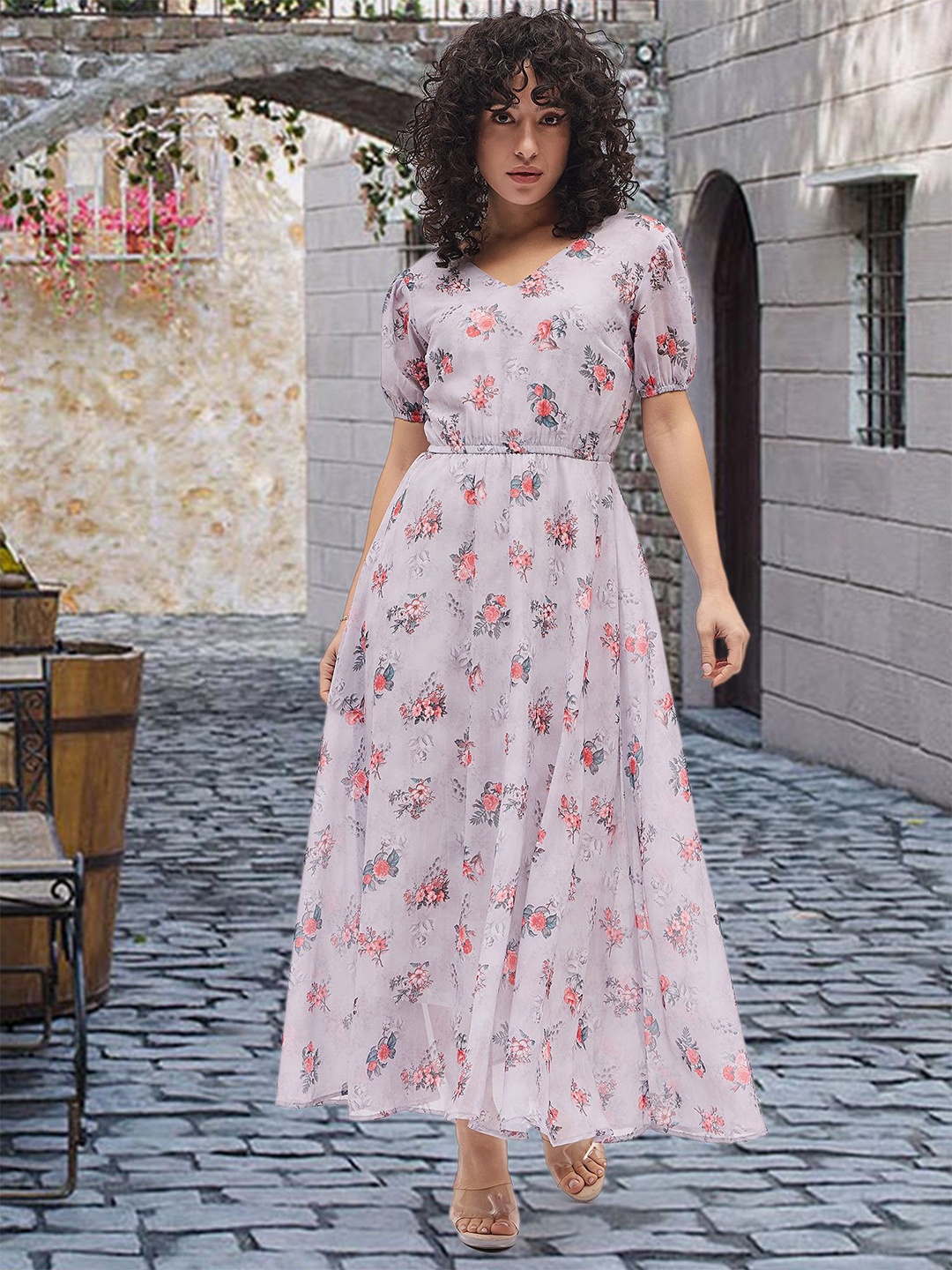 DressBerry Floral Printed Puff Sleeve Georgette Maxi Dress, Grey