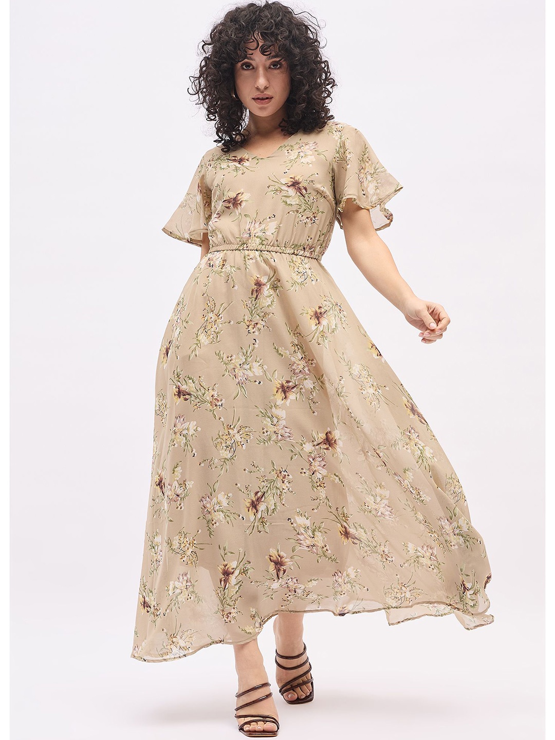 

DressBerry Floral Print Flared Sleeve Georgette Maxi Dress, Cream