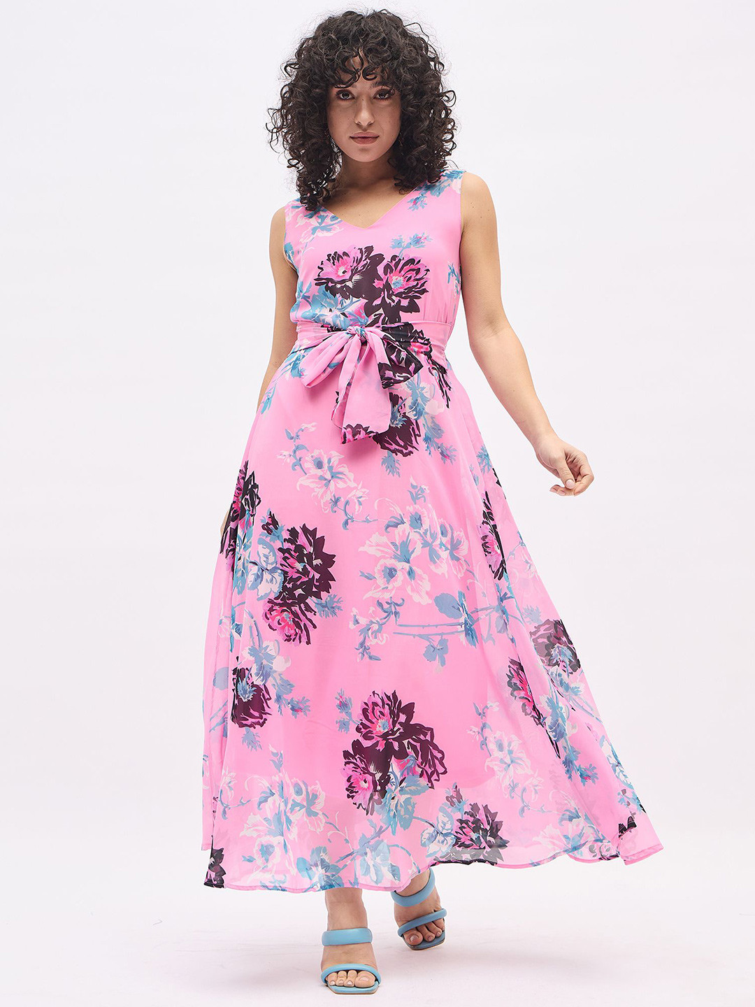 

DressBerry Women Floral Printed V -Neck Sleeveless A-Line Maxi Dress, Pink