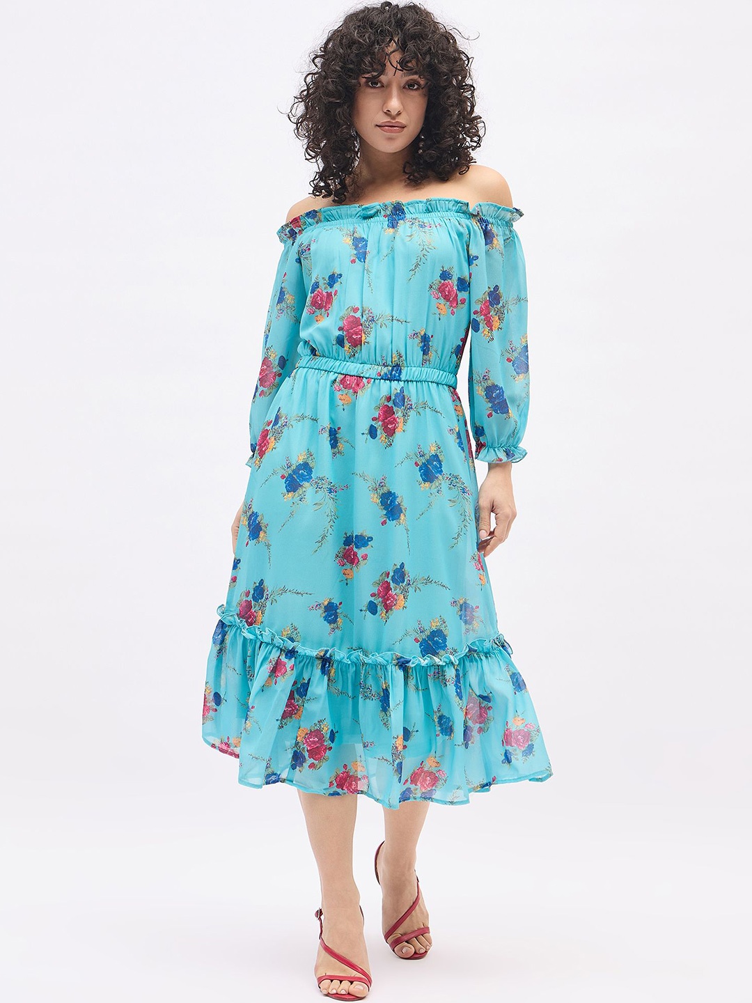 

DressBerry Women Floral Printed Off-Shoulder Puff Sleeve Georgette Fit - Flare Dress, Blue