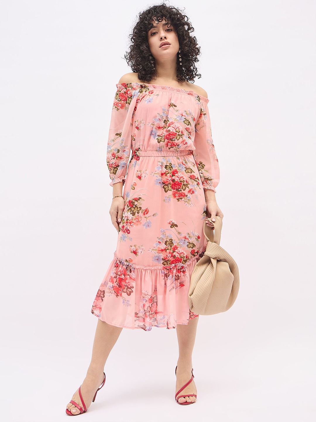 DressBerry Women Floral Printed Empire Midi Dress, Pink