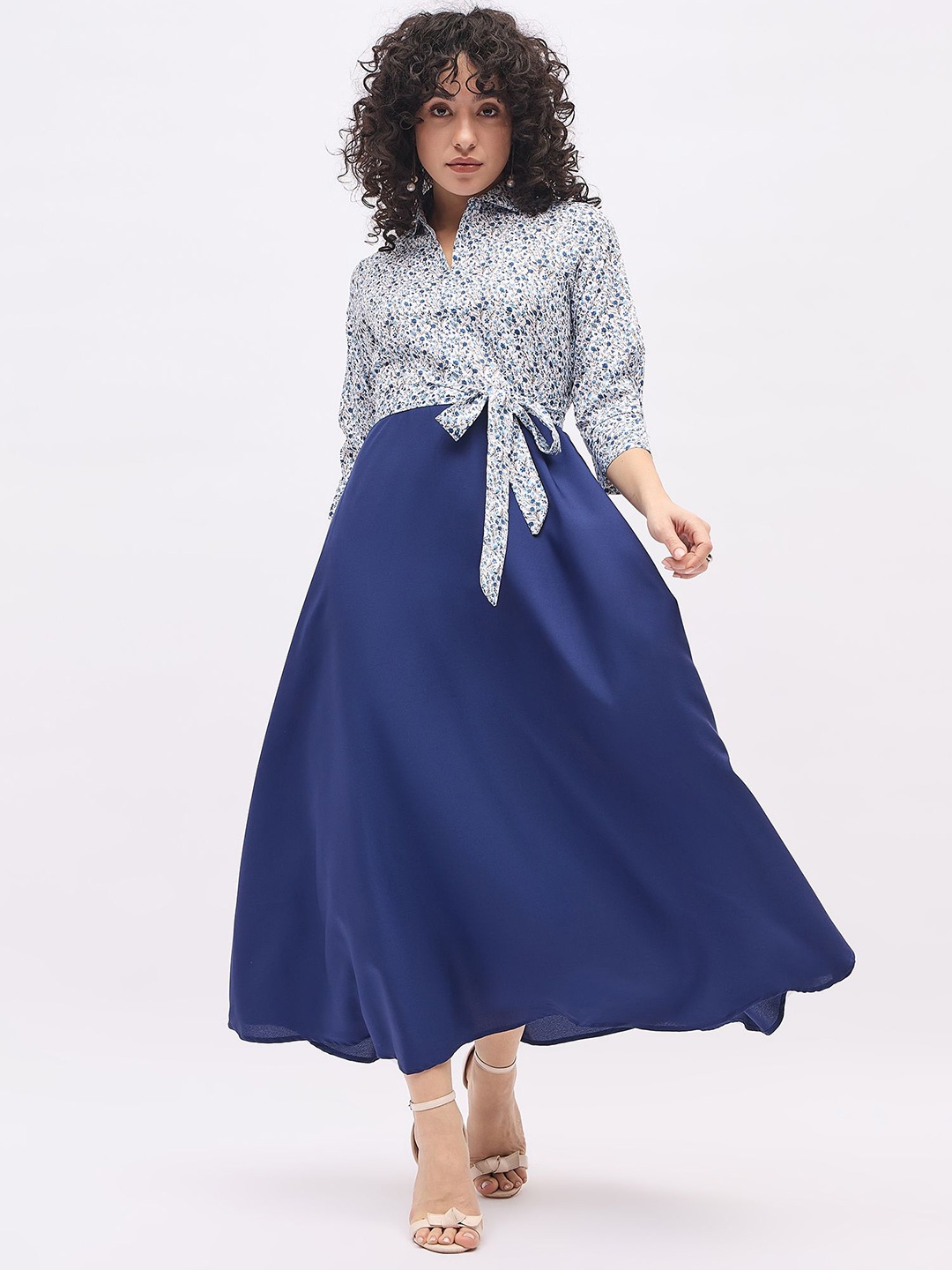 

DressBerry Women Floral Printed Shirt Collar A-Line Midi Dress, White