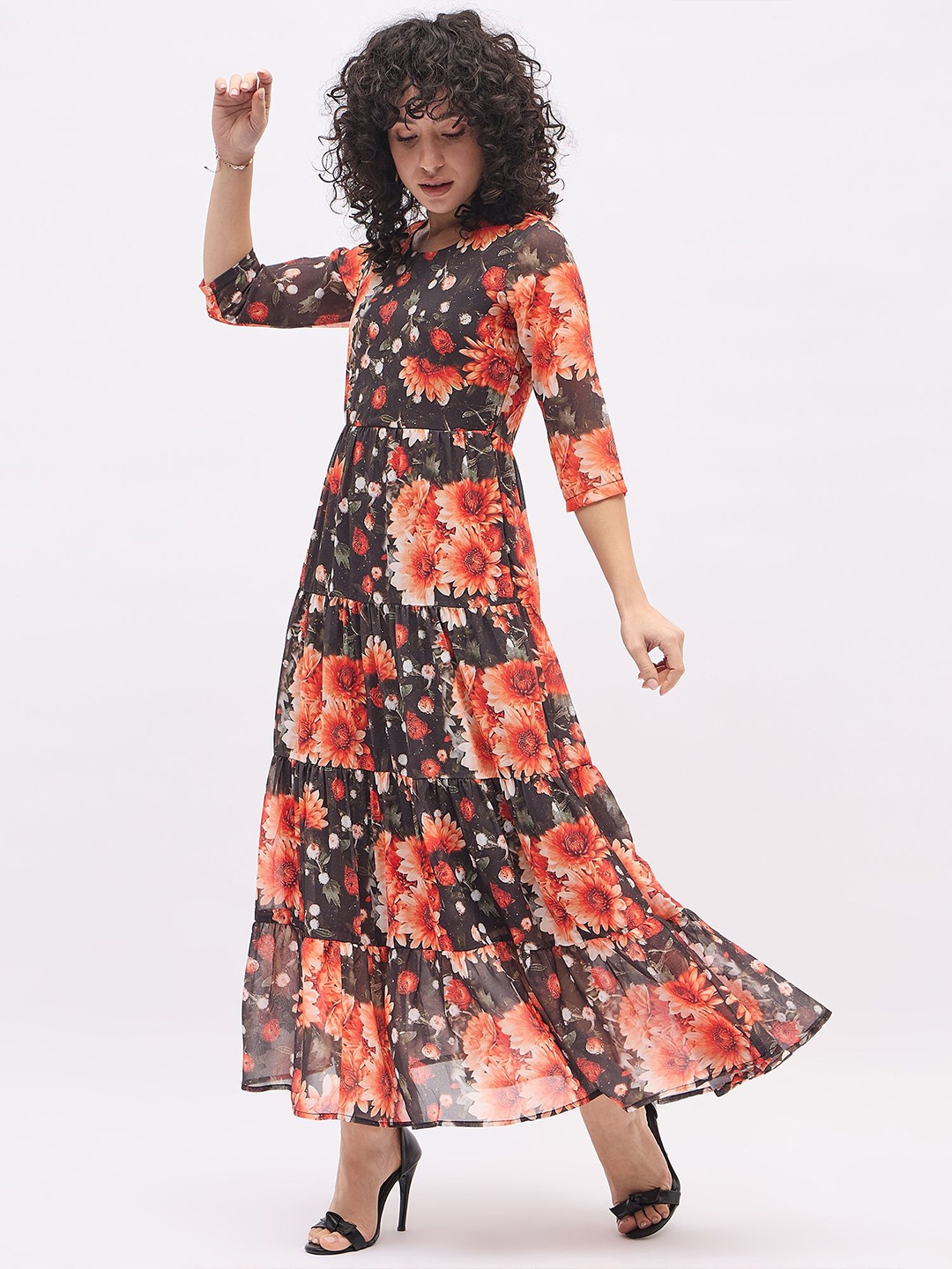 

DressBerry Women Floral Printed Georgette Fit and Flare Maxi Dress, Black