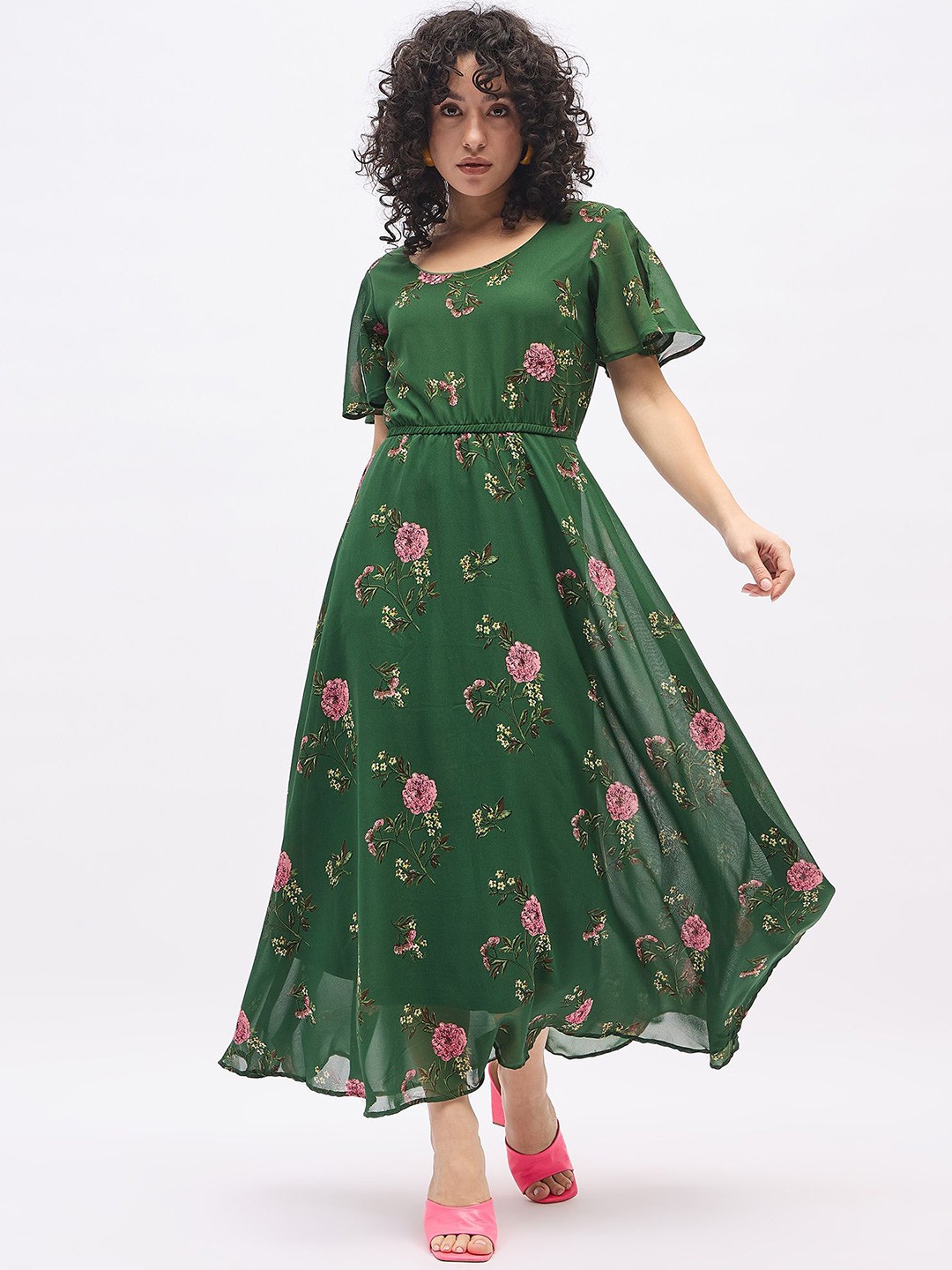 

DressBerry Floral Printed Flared Sleeve Georgette Fit and Flare Maxi Dress, Green