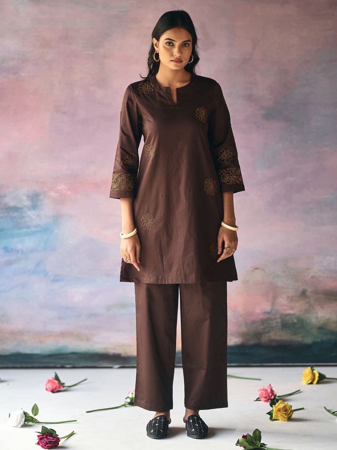

Prakriti Jaipur Floral Embroidered Thread Work Straight Kurta With Trouser, Brown