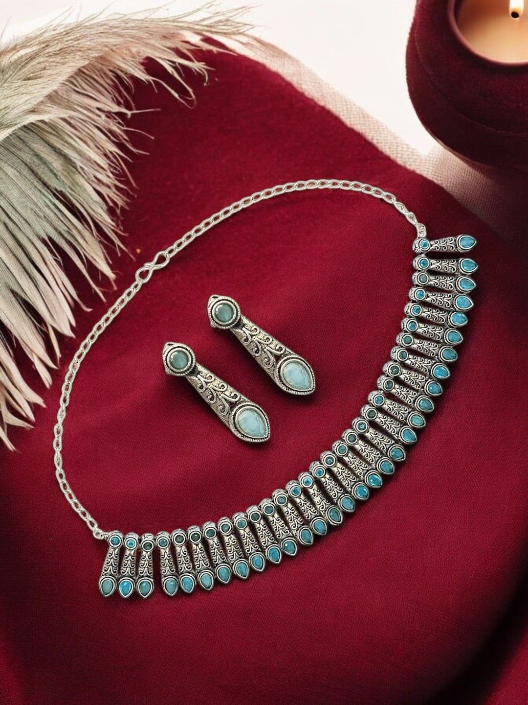 

FEMMIBELLA Silver-Plated Oxidised Stone Spokes Jewellery Set