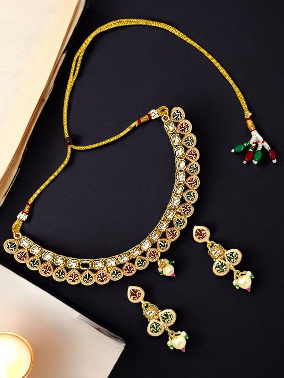 

FEMMIBELLA Gold-Plated Kundan-Studded & Beaded Jaipuri Meenakari Jewellery Set