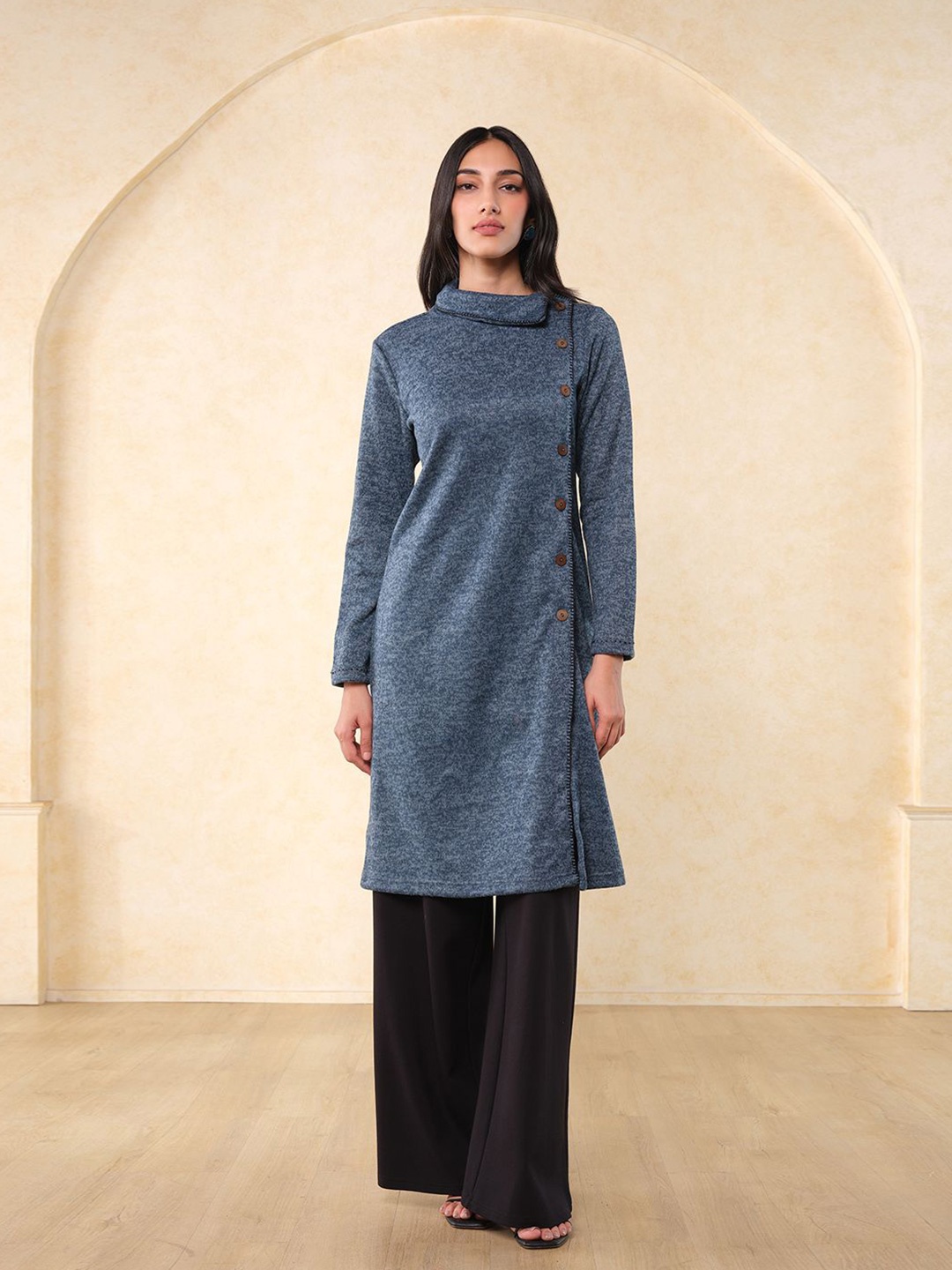 

Global Desi Angrakha Shirt Collar Long Sleeves Knitted Kurta, Blue