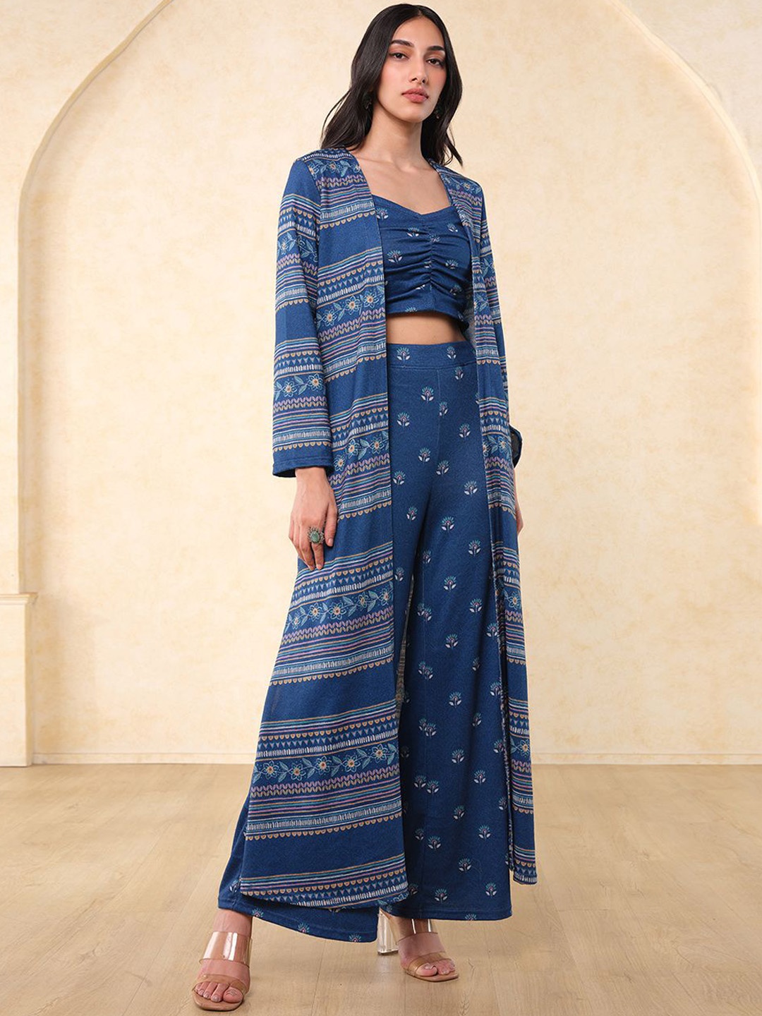 

Global Desi Global Desi Printed Top Jacket With Trousers Co-Ords, Blue