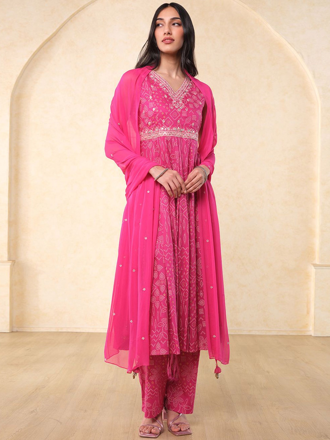 

Global Desi Bandhani Embroidered Mirror Work A-Line Kurta With Trousers & Dupatta, Pink