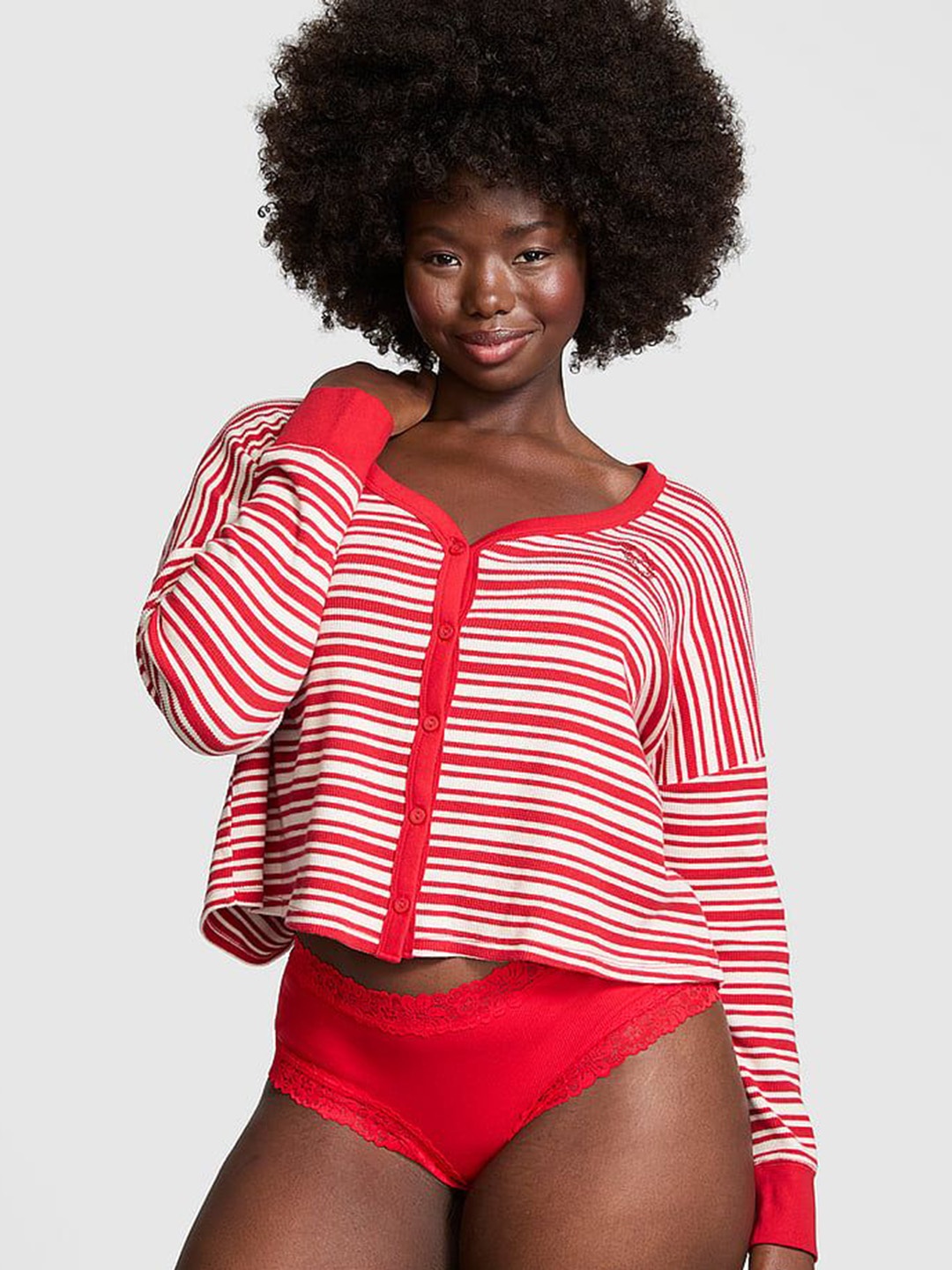 

Victoria's Secret PINK Striped Cotton Thermal Boxy Cardigan, Red