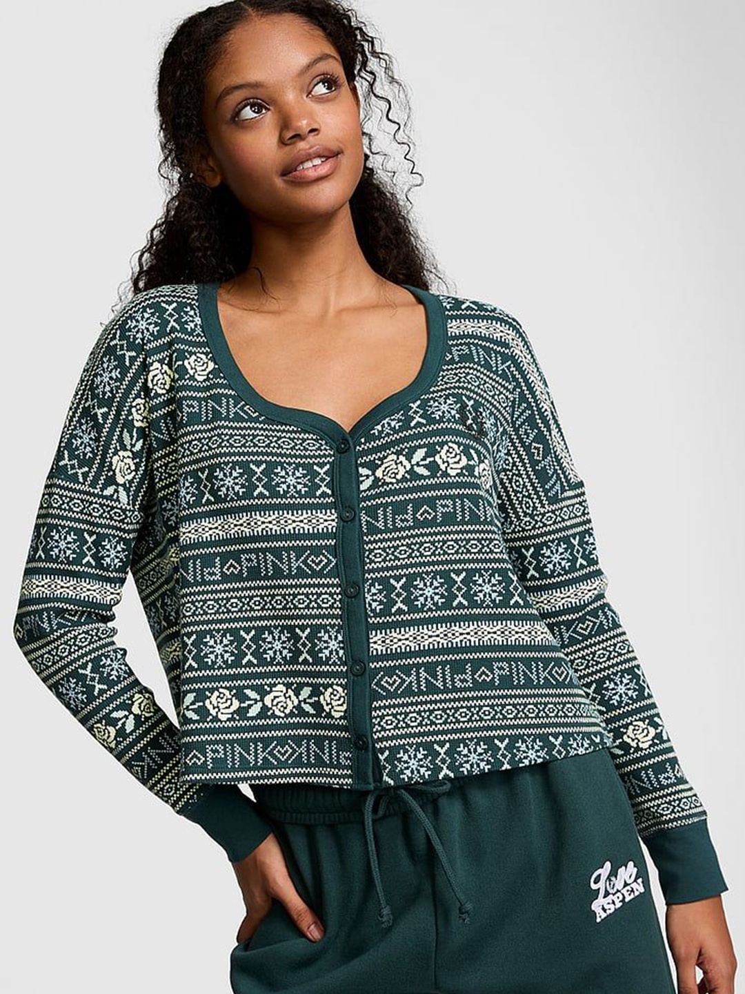 

Victoria's Secret PINK Women Printed Cotton Thermal Boxy Cardigan Sweaters, Green