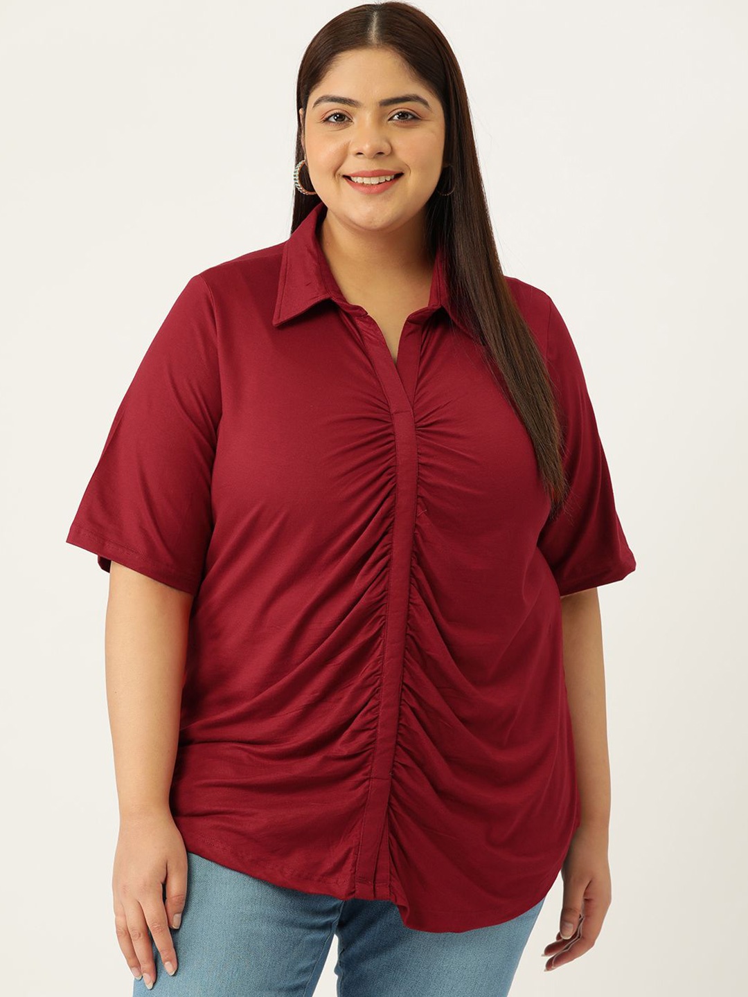 

theRebelinme Women Plus Size Pleated Shirt Style Top, Maroon