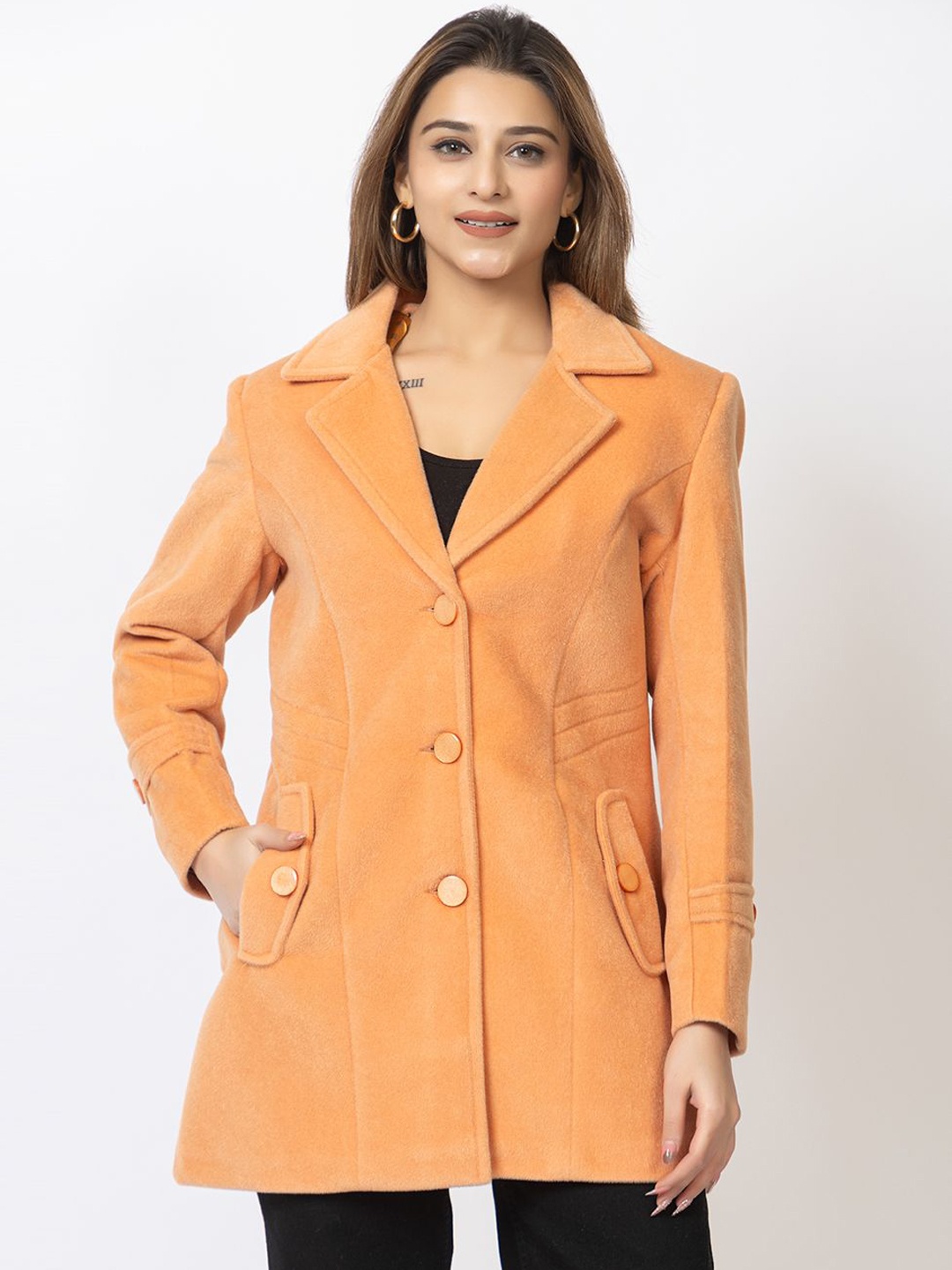

Lady Leaf Notched Lapel Neck Single-Breasted Acrylic Long Overcoats, Orange